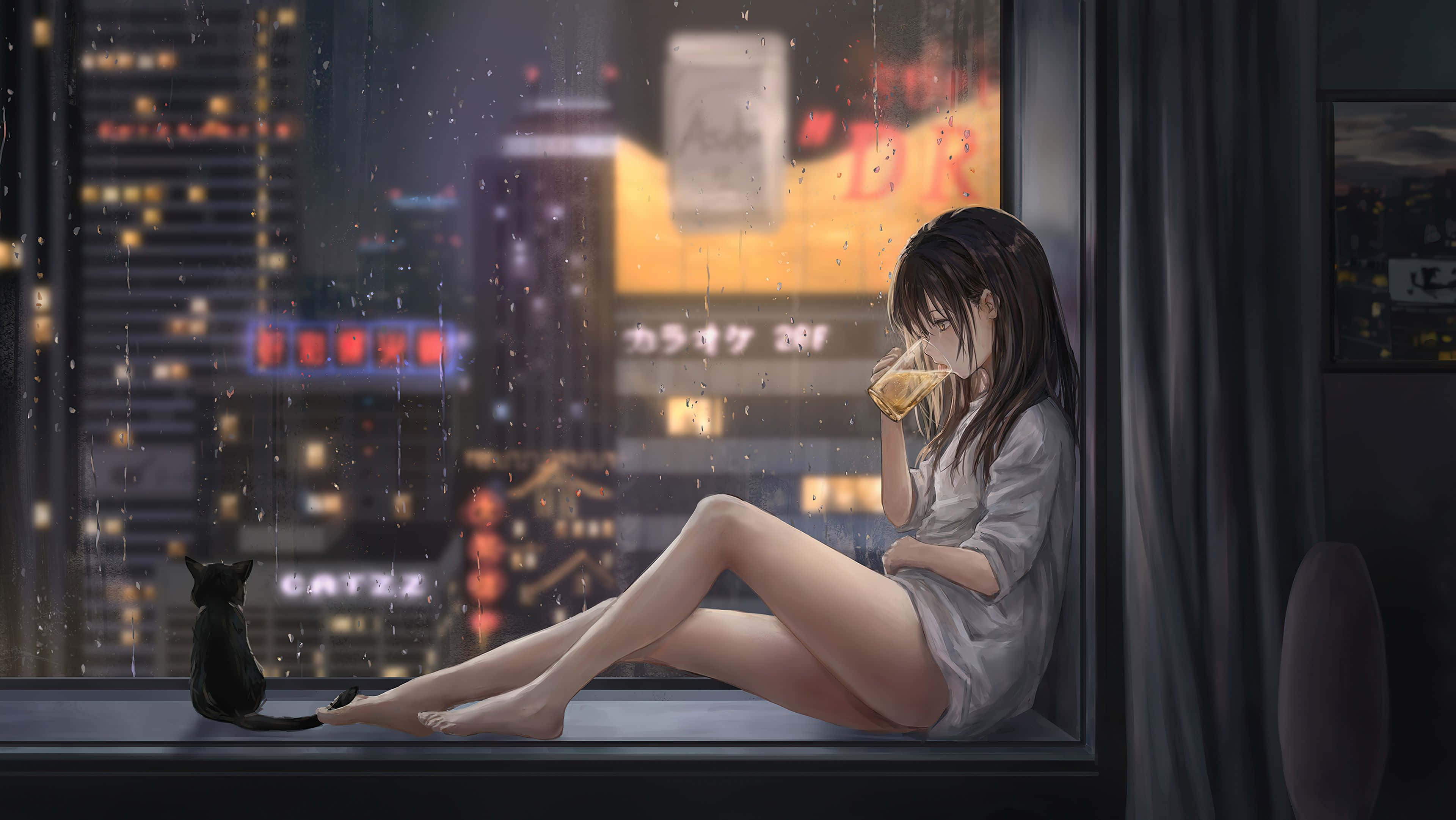 Rain Anime, young woman, white robe, 4K Desktop Wallpaper