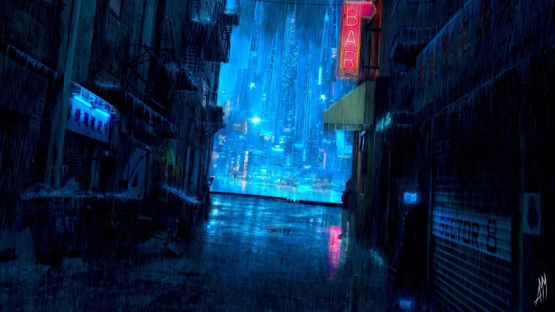 Rain Anime, neon alleyway, glowing futuristic cityscape, Full HD Desktop Wallpaper