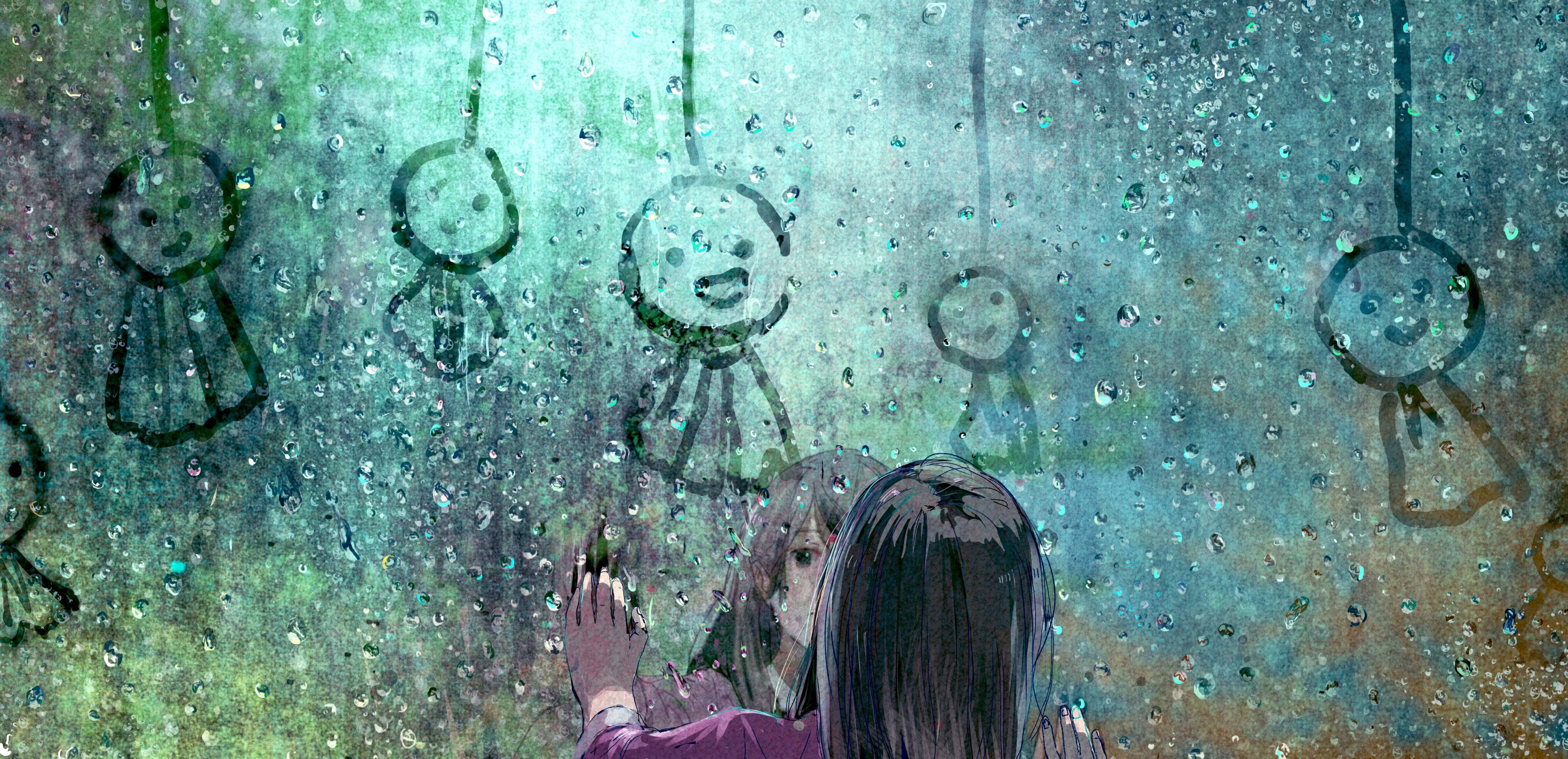 Rain Anime, teal, brown, 5K Desktop Wallpaper