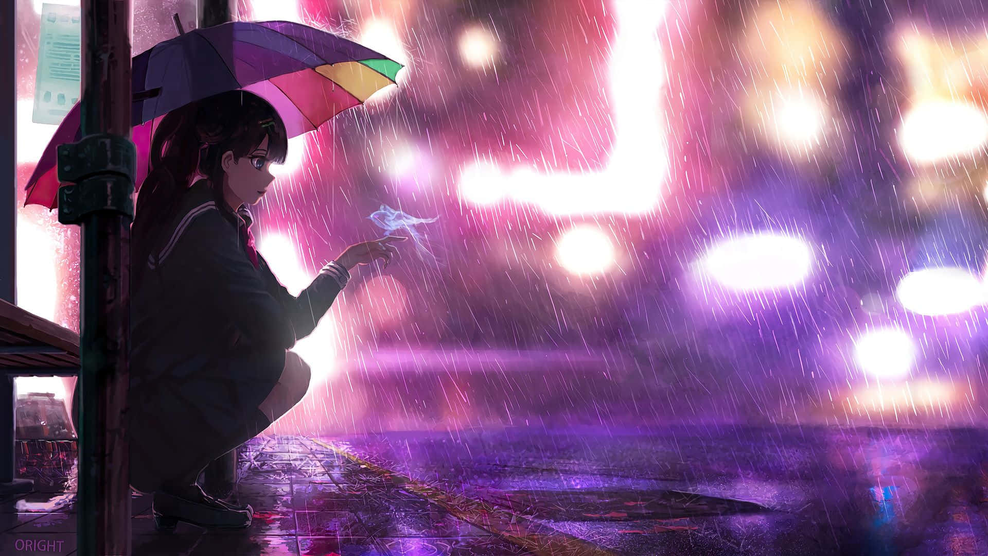 rain anime, school uniform, rainbow umbrella, Full HD Desktop Wallpaper