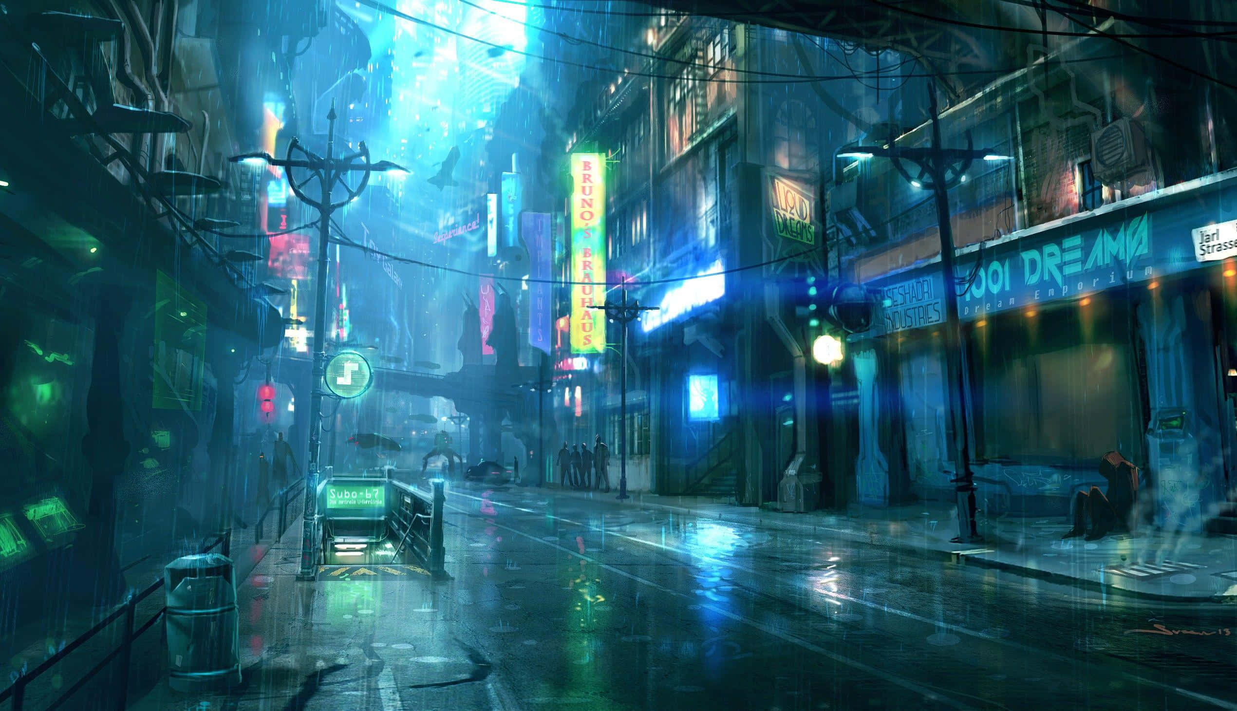 Rain Anime, neon-lit cyberpunk city street, night, Full HD Desktop Wallpaper