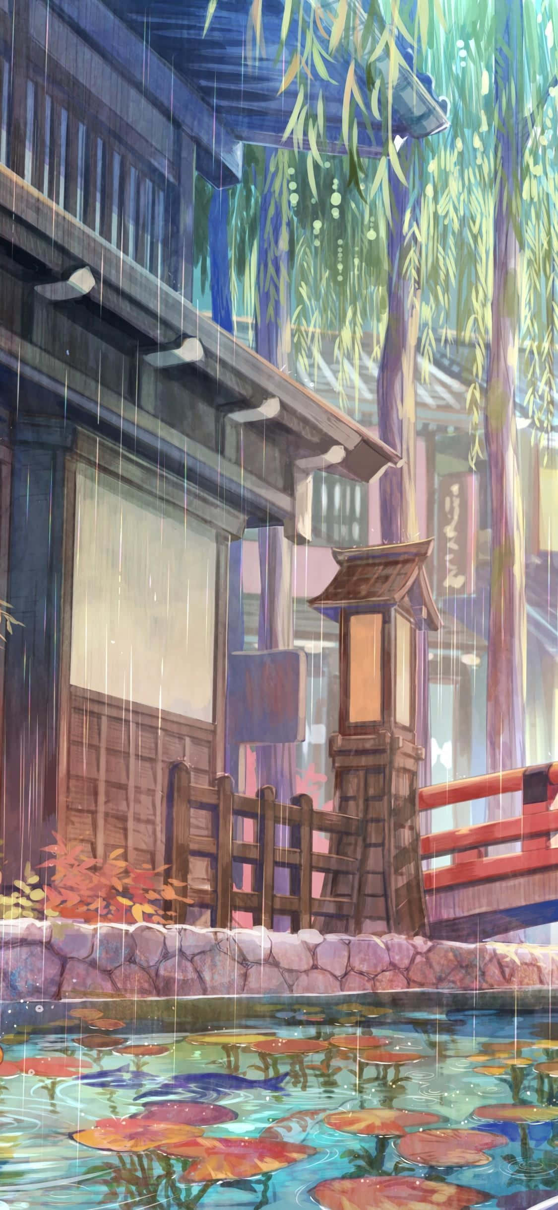 rain anime, traditional wooden Japanese bridge, pond, Full HD Phone Wallpaper