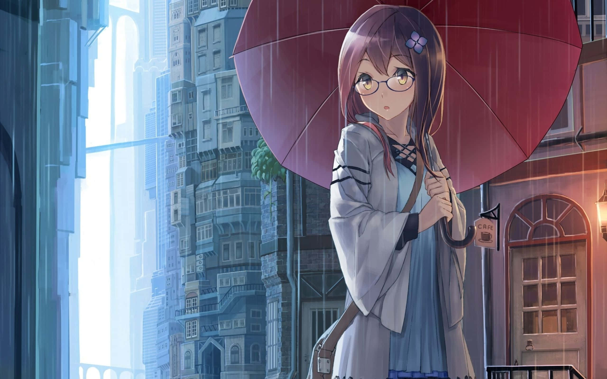 rain anime, young anime girl, glasses, 2K Desktop Wallpaper