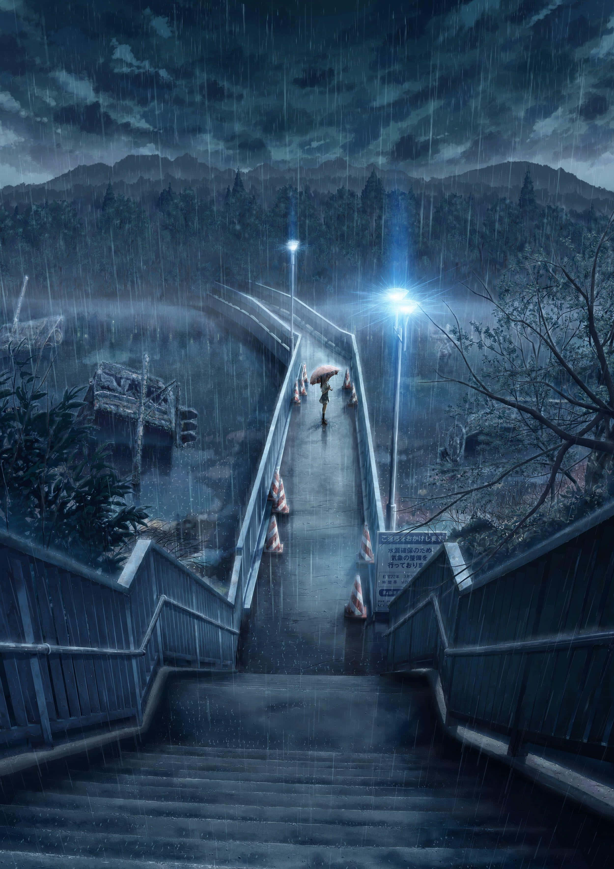Rain Anime, umbrella, rain-slicked bridge, 2K Phone Wallpaper