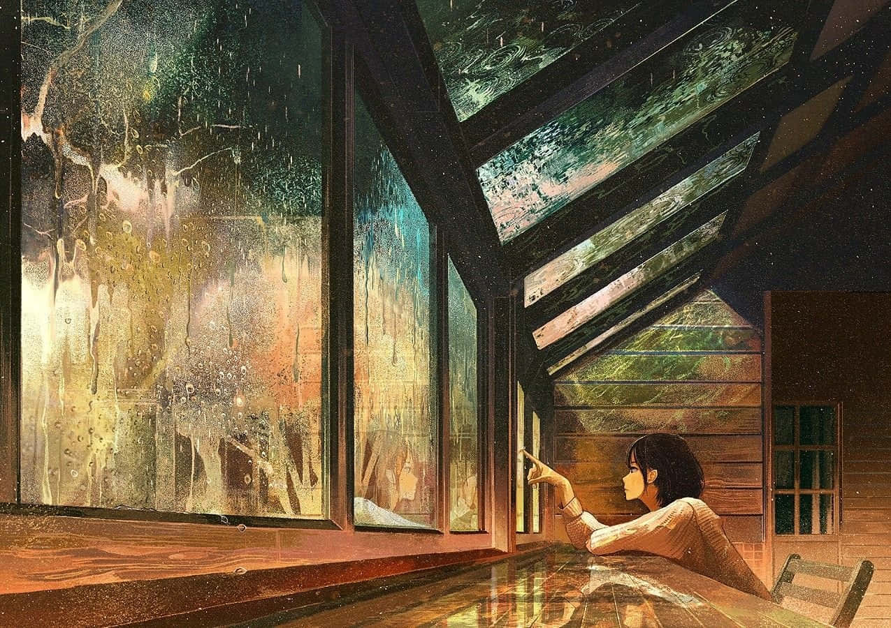 rain-streaked windows, starry night, cozy wooden cabin interior, SD Desktop Wallpaper