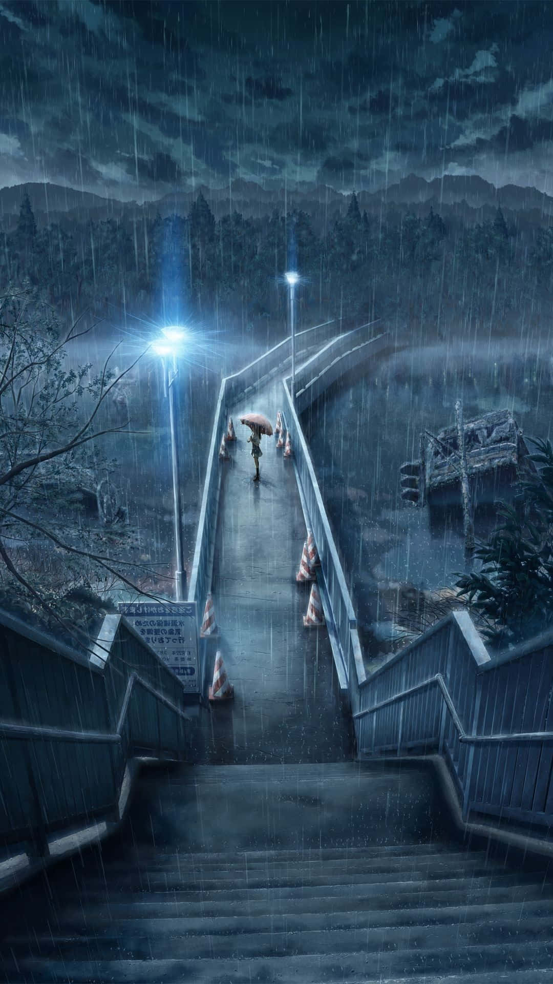 Rain Anime, umbrella, rain-slicked bridge, Full HD Phone Wallpaper