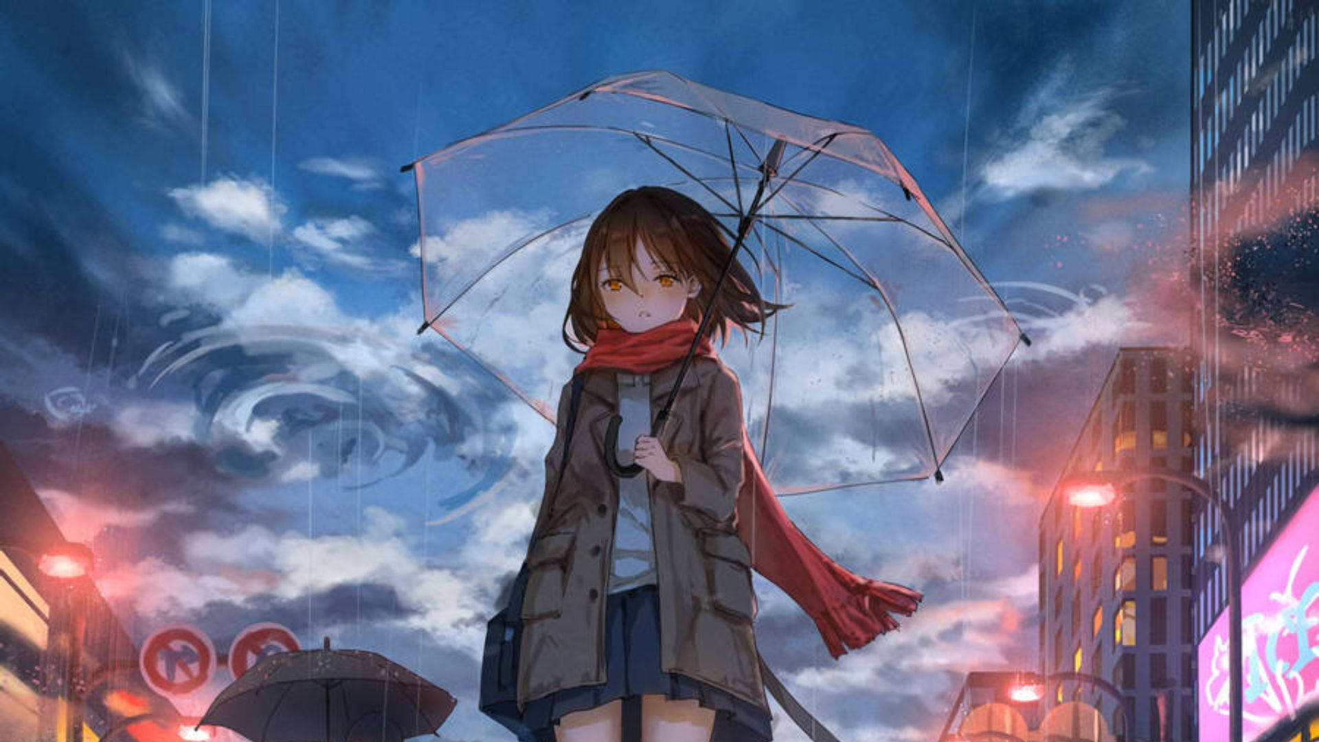anime girl, amber eyes, clear umbrella, Full HD Desktop Wallpaper