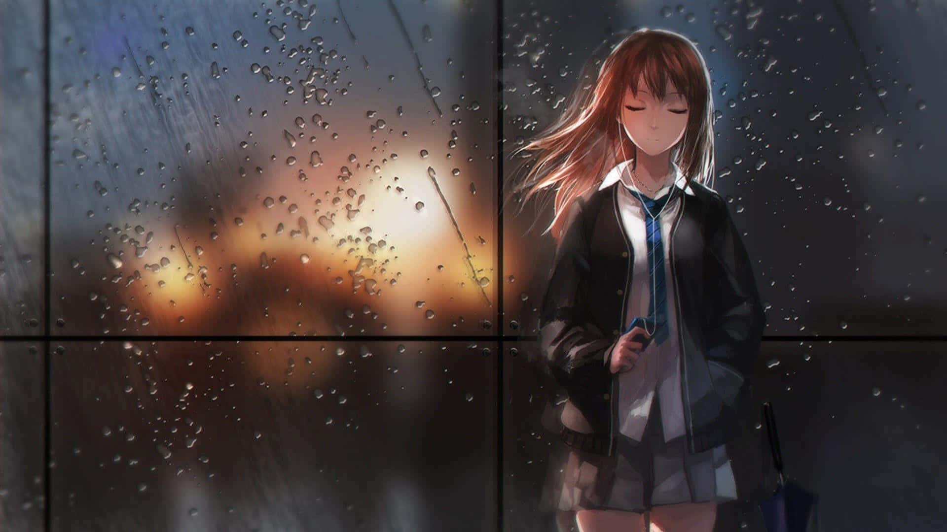 Rain Anime, anime girl, school uniform, Full HD Desktop Wallpaper