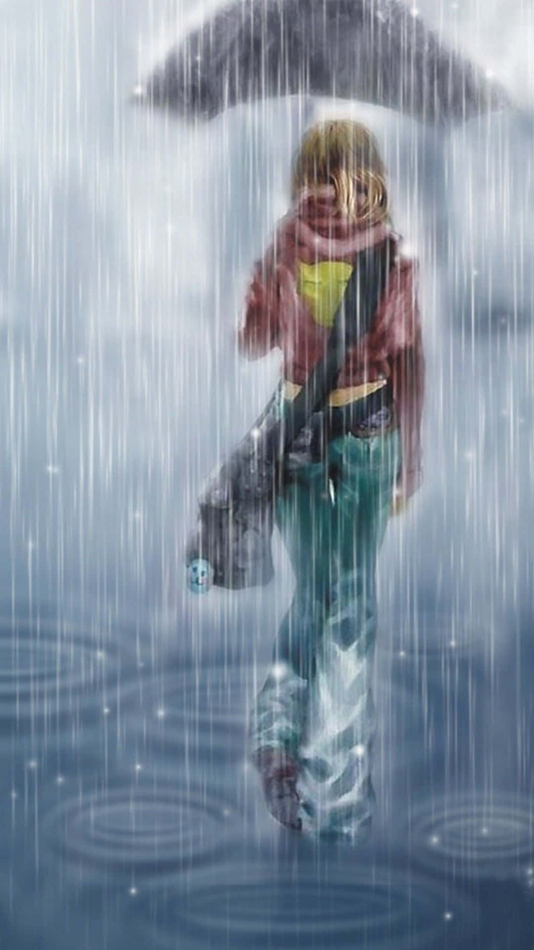 Rain Anime, blonde hair, black umbrella, Full HD Phone Wallpaper
