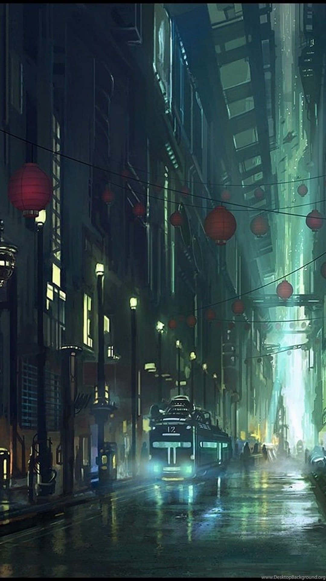 rain-slicked neon-lit alleyway, night, glowing red lanterns, Full HD Phone Wallpaper