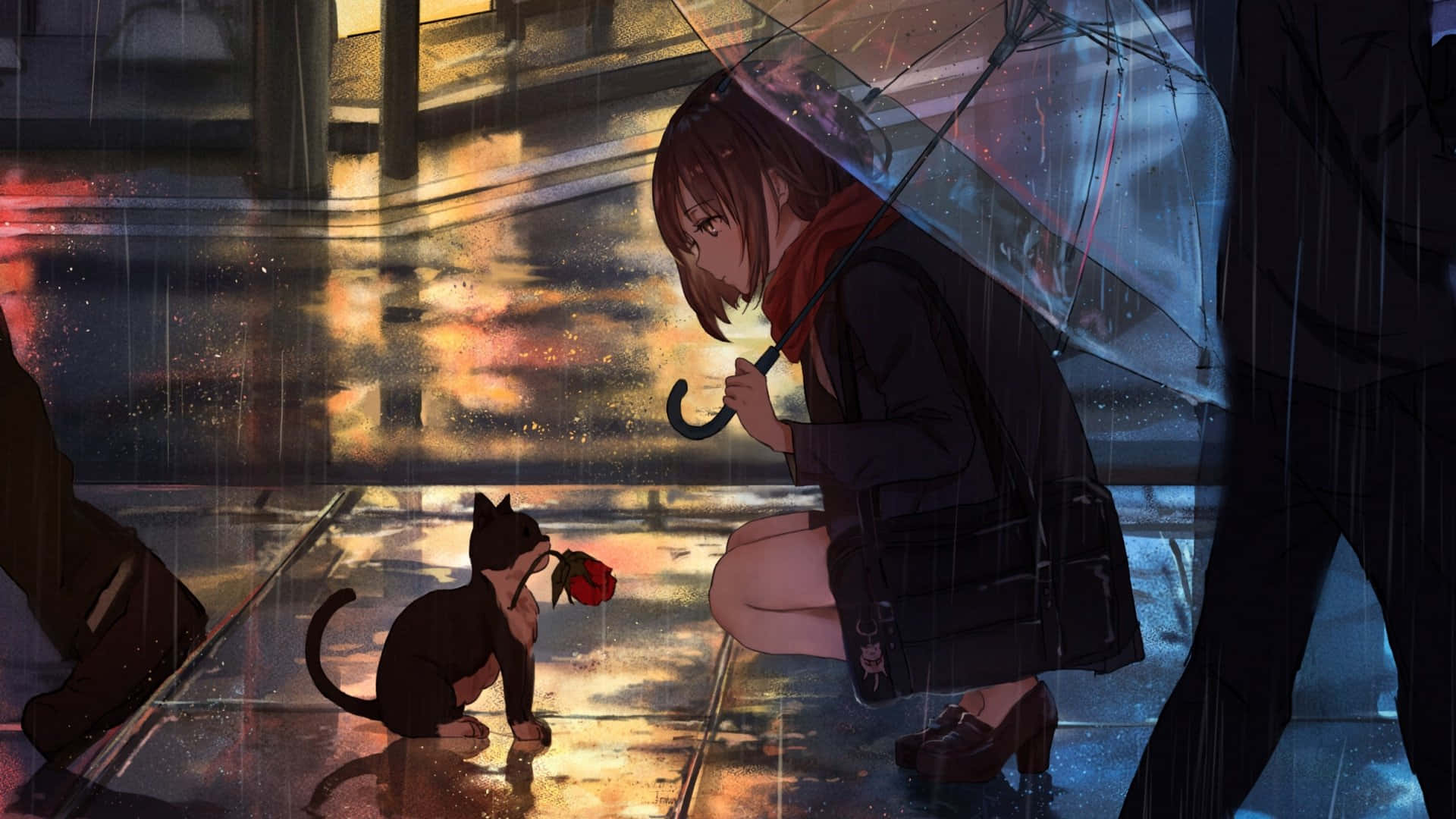 rain anime, young woman, umbrella, Full HD Desktop Wallpaper
