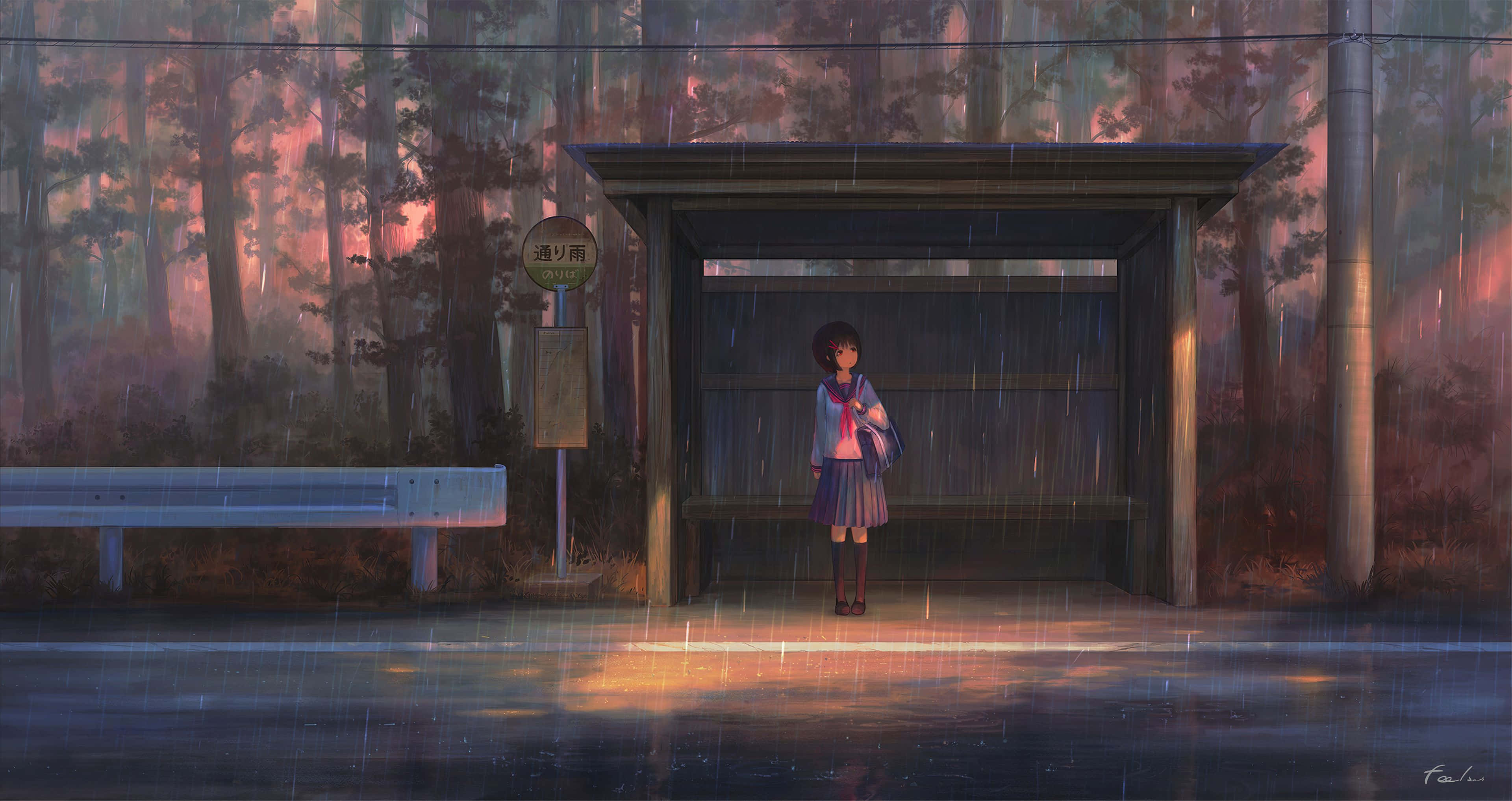 anime girl, school uniform, bus stop shelter, 4K Desktop Wallpaper