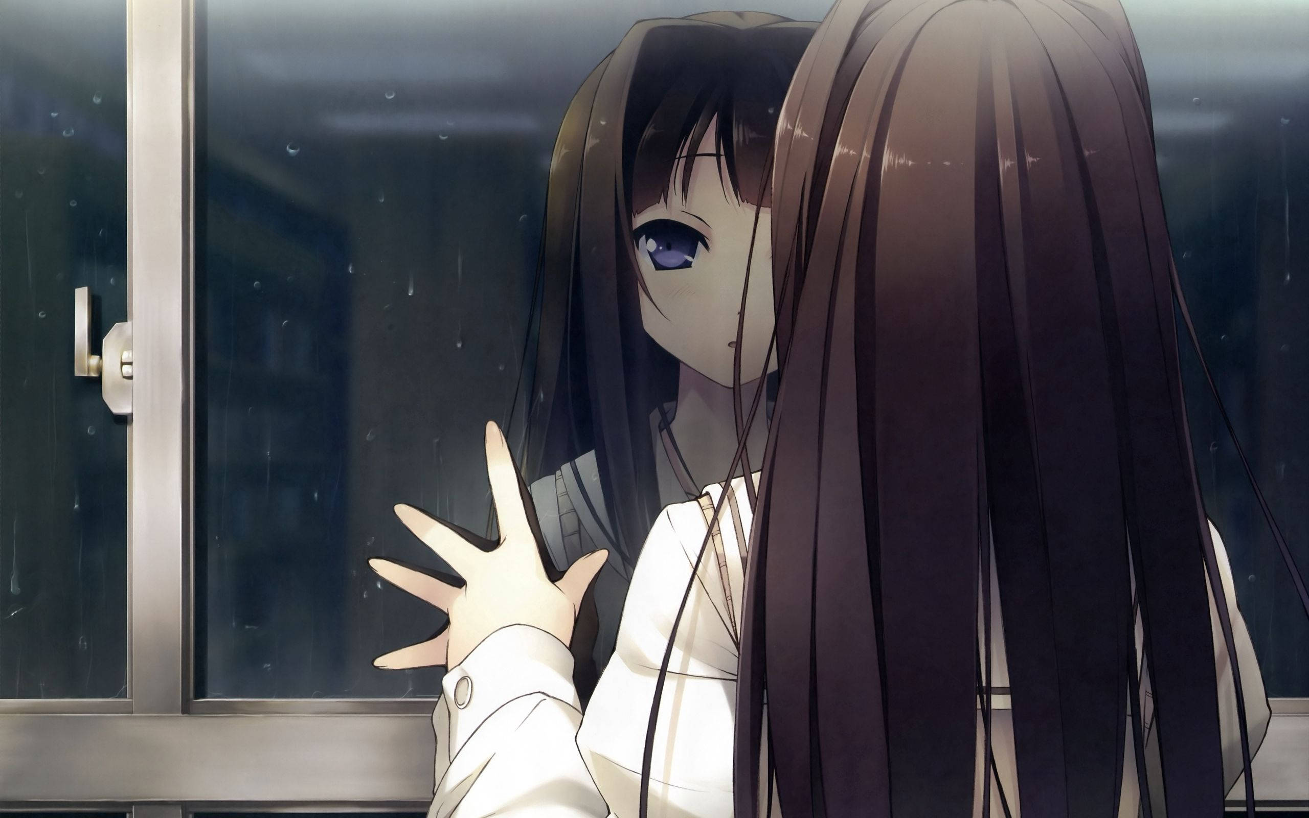 anime girl, long dark hair, rain-streaked window, 2K Desktop Wallpaper