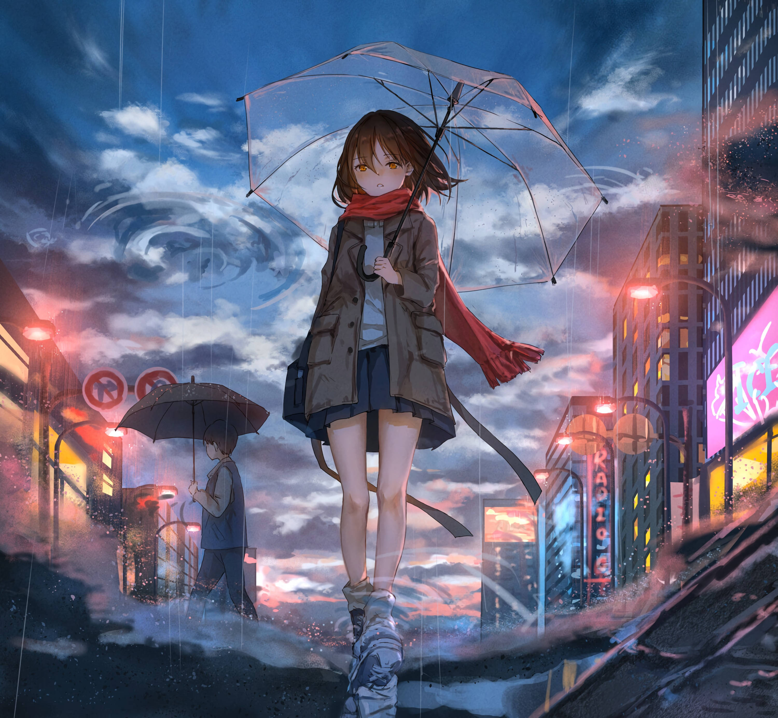 anime girl, amber eyes, rainy neon-lit city street, 2K Desktop Wallpaper