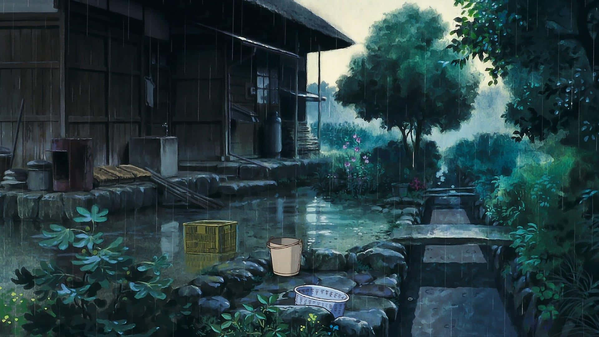 Rain Anime, rustic wooden house, stone-lined stream, Full HD Desktop Wallpaper