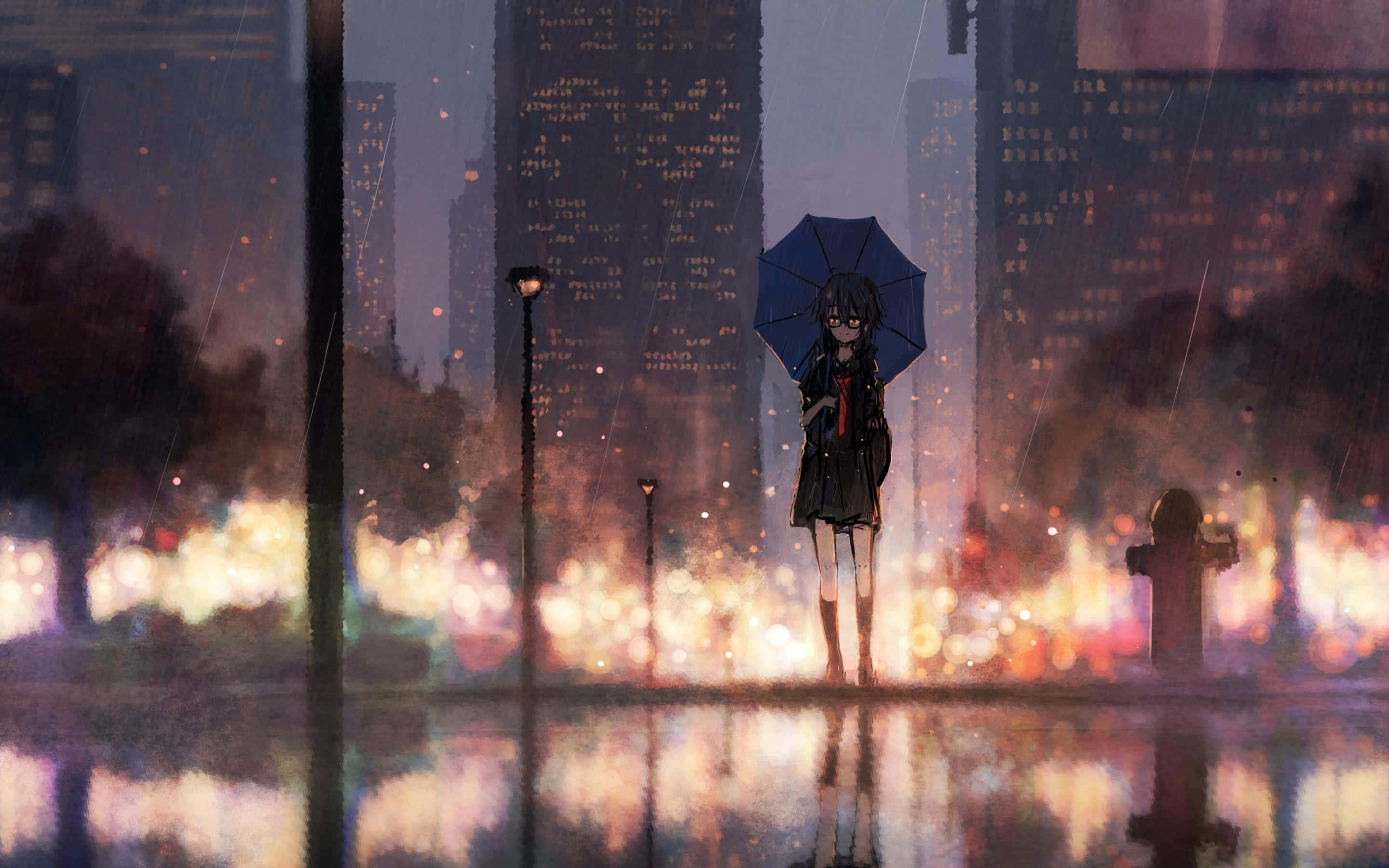 Rain Anime, anime girl, blue umbrella, 2K Desktop Wallpaper