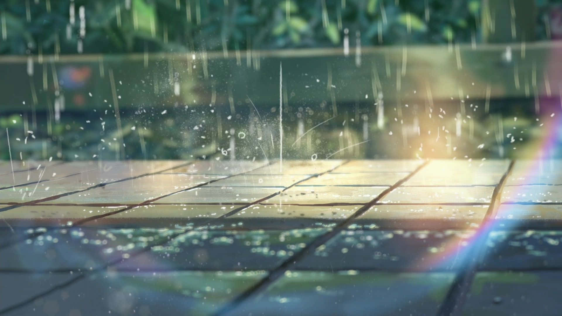 rain anime, rainy anime day, wooden planks, Full HD Desktop Wallpaper