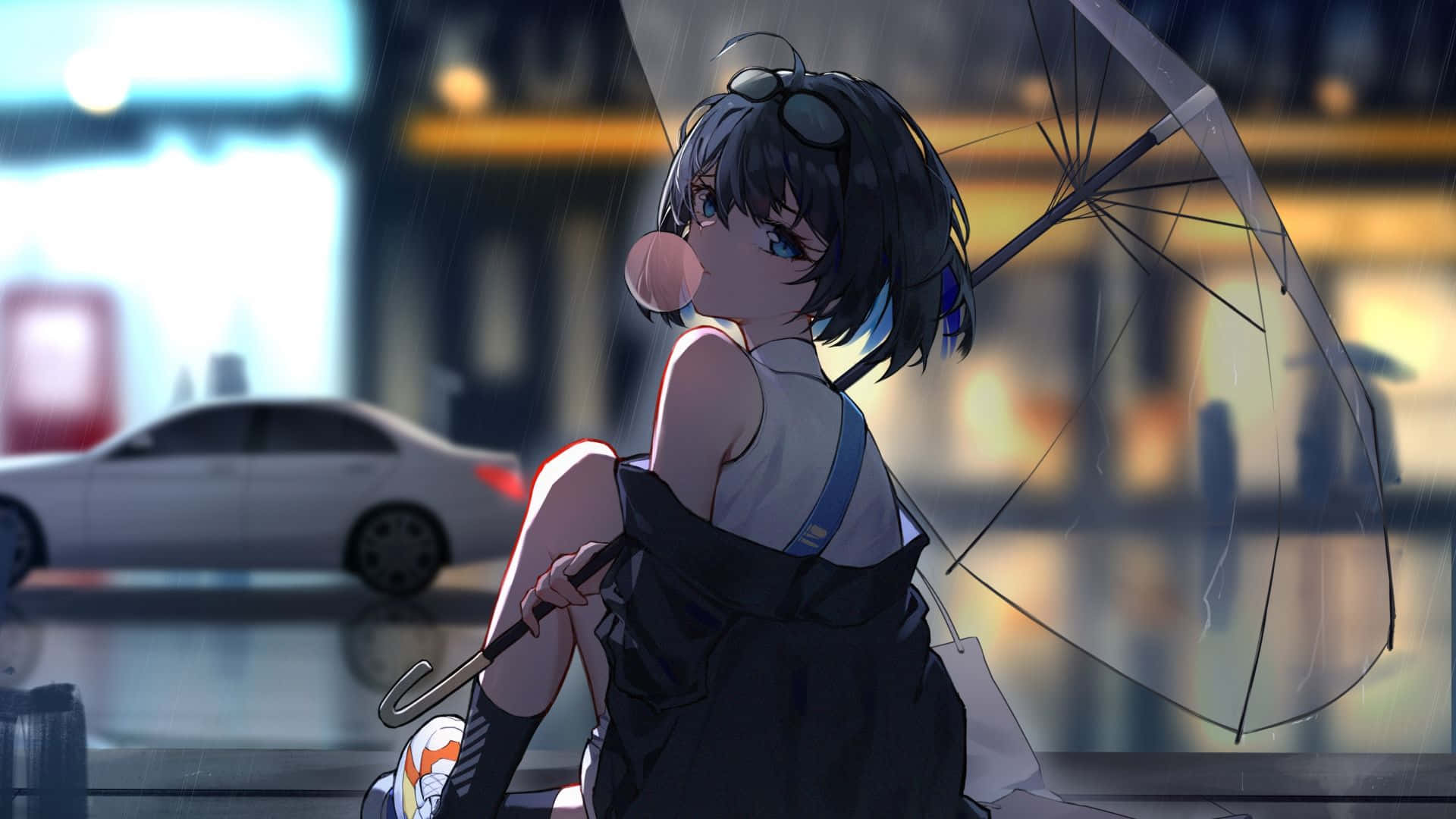 Rain Anime, anime girl, dark hair, Full HD Desktop Wallpaper