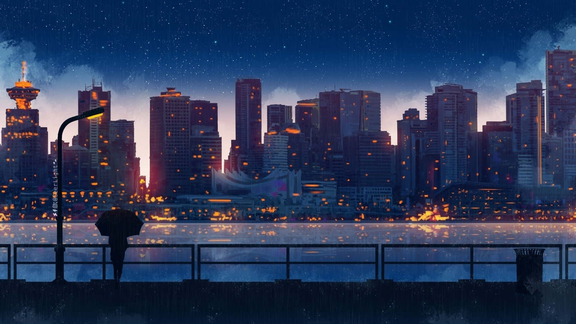 rain anime, anime world, starry night cityscape, Full HD Desktop Wallpaper