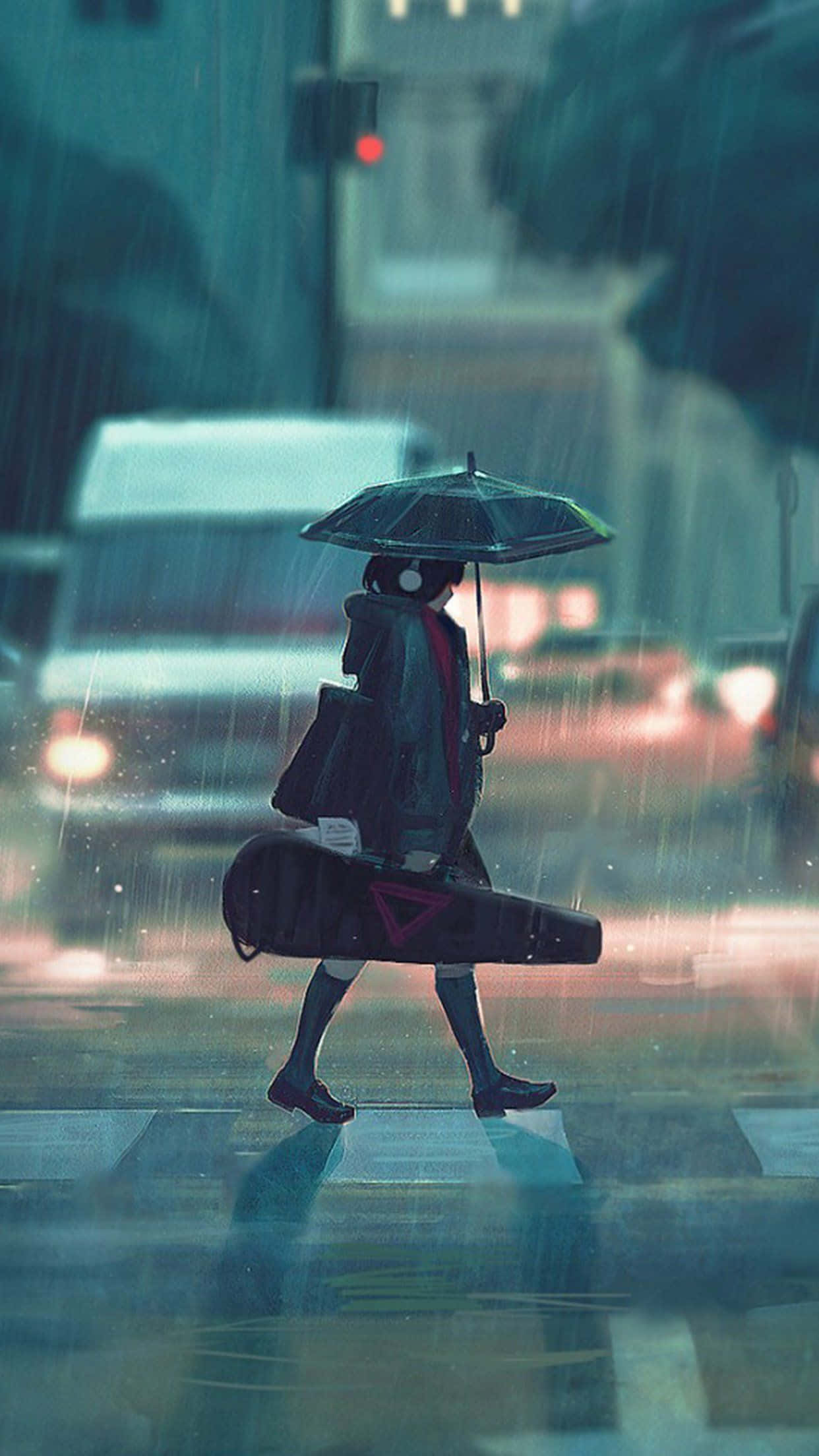 rainy night, city street, lone figure, Full HD Phone Wallpaper