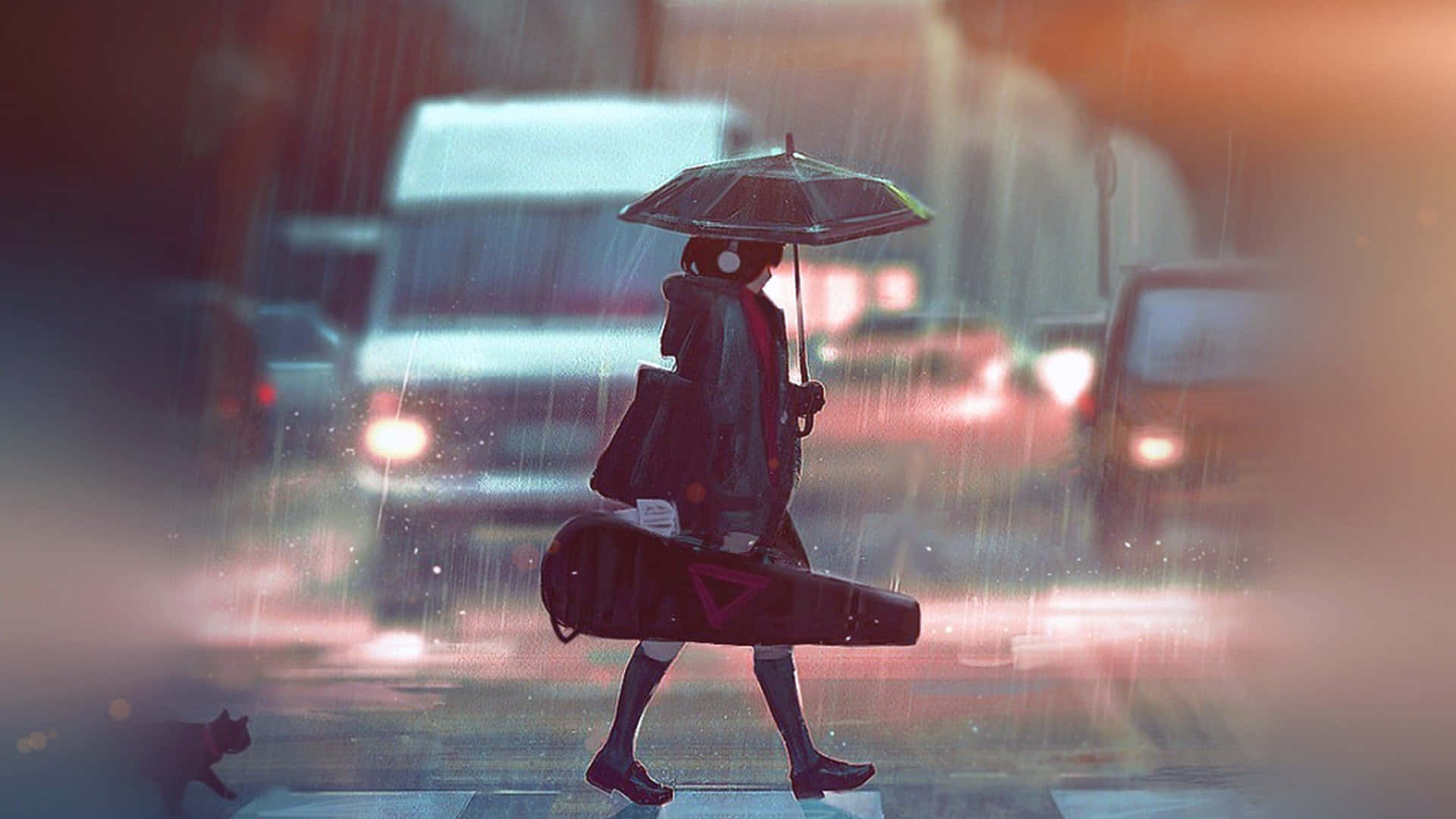Rain Anime, rain, headphones, Full HD Desktop Wallpaper