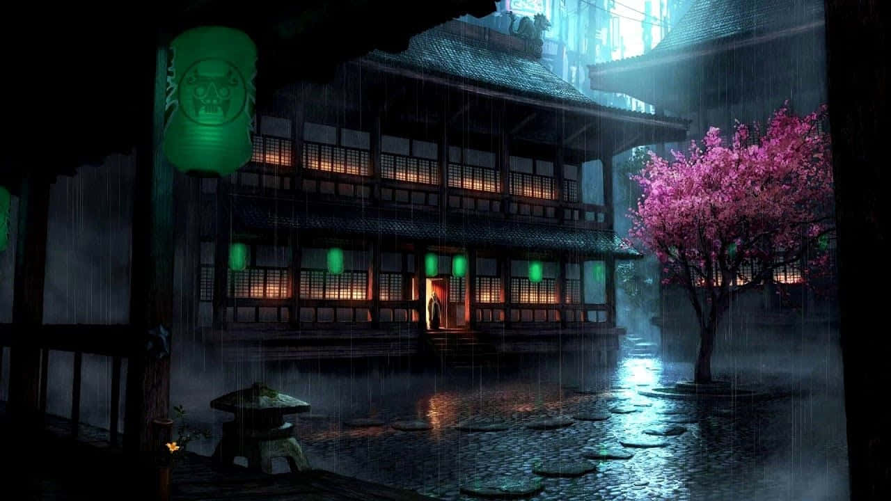 Japanese house, rain, lanterns, HD Desktop Wallpaper