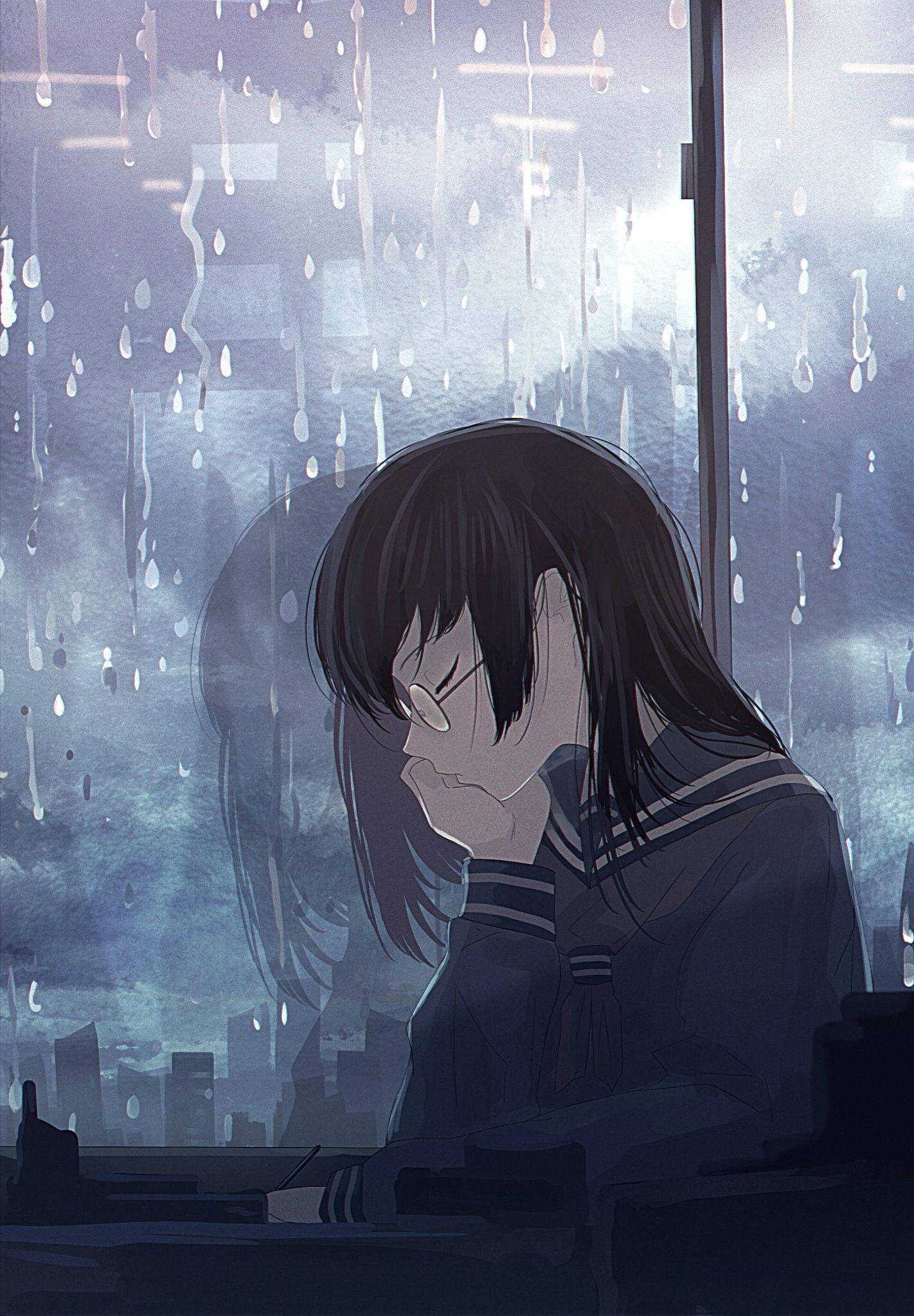 anime girl, school uniform, rain-streaked window, Full HD Phone Wallpaper