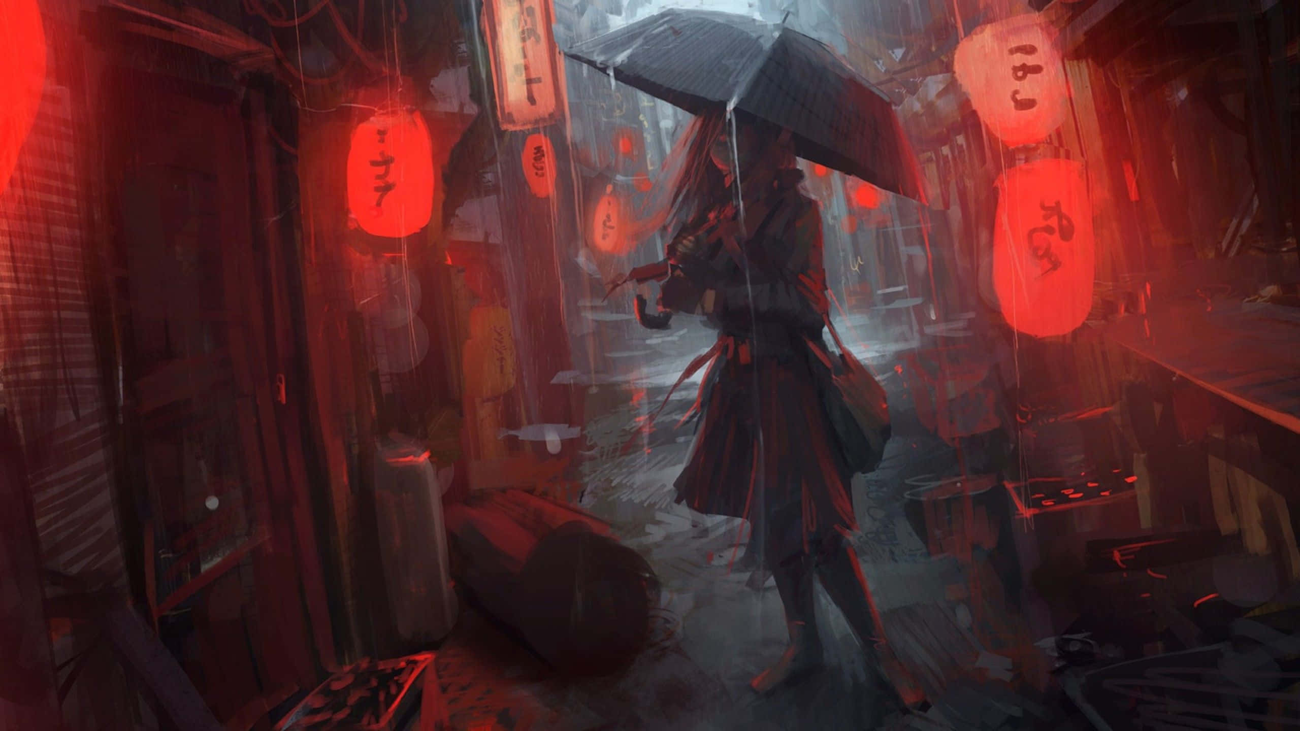 Rain Anime, rainy alley, black umbrella, 2K Desktop Wallpaper