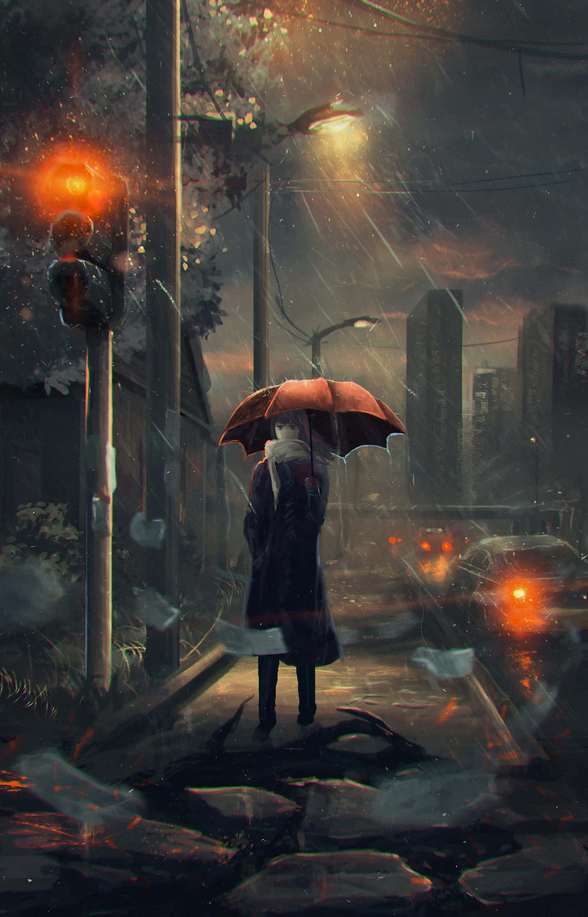 Rain Anime, orange umbrella, rainy urban street, 2K Phone Wallpaper