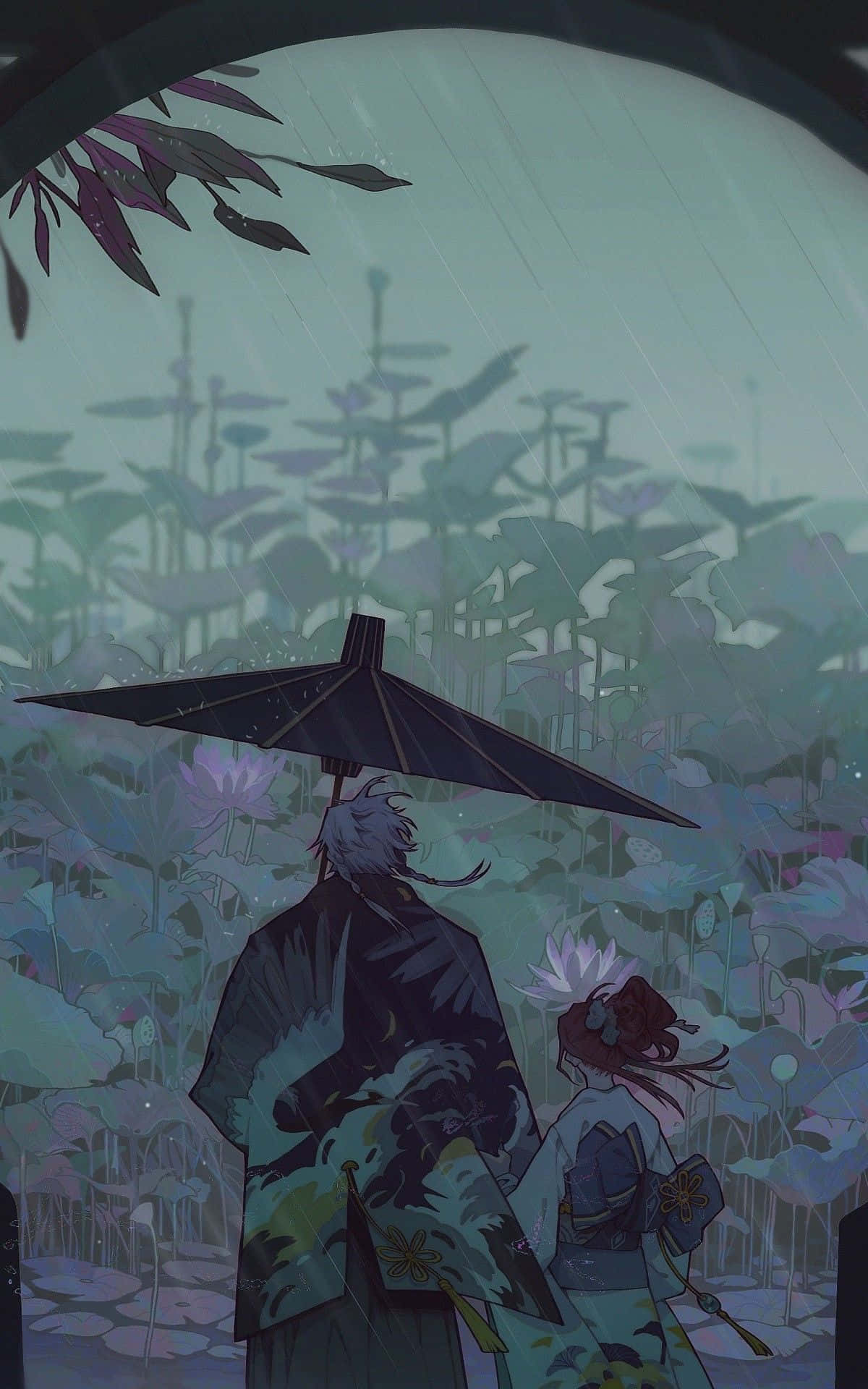 rain anime, couple, traditional robes, Full HD Phone Wallpaper