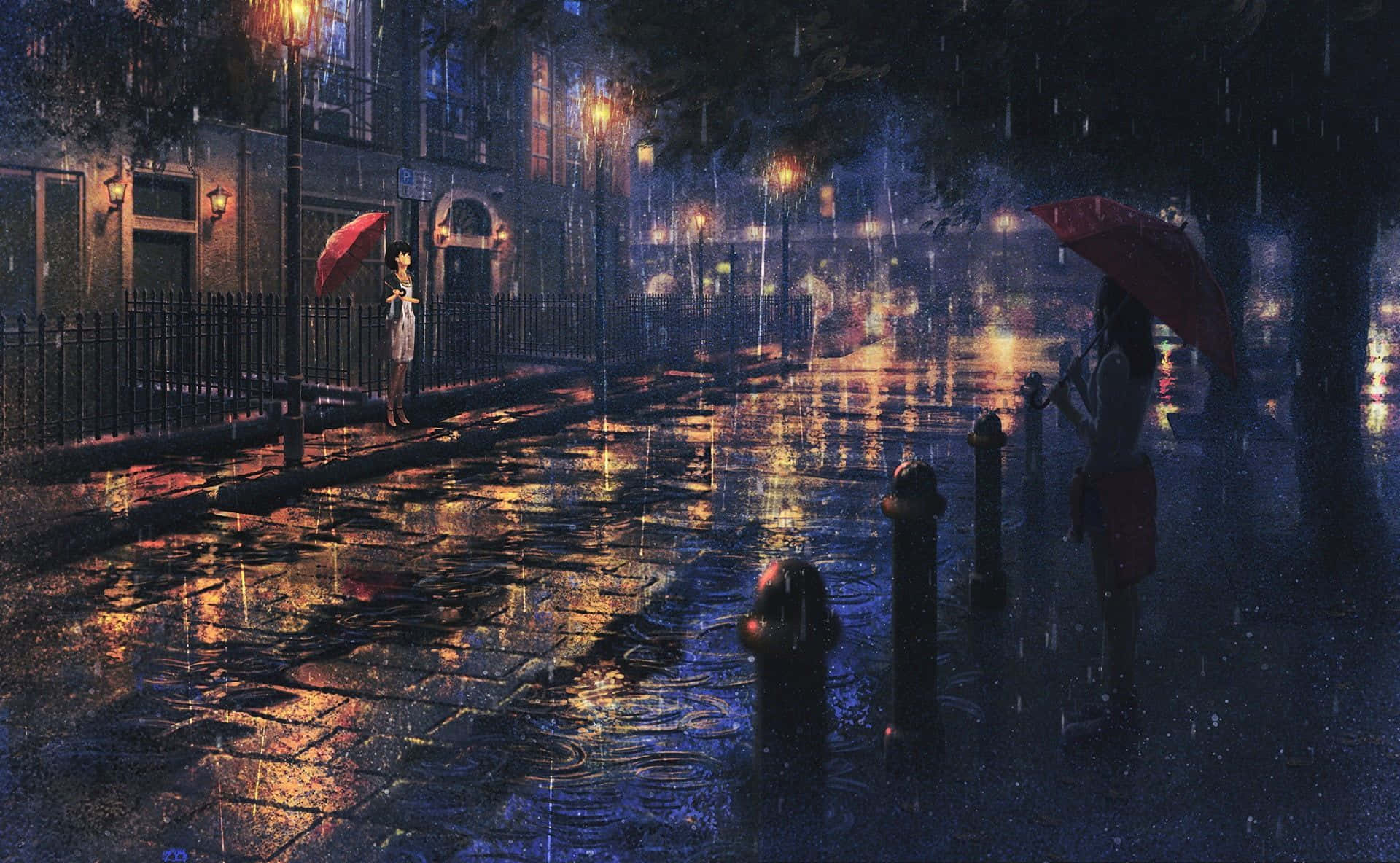 Rain Anime, red umbrellas, rain-soaked city street, Full HD Desktop Wallpaper