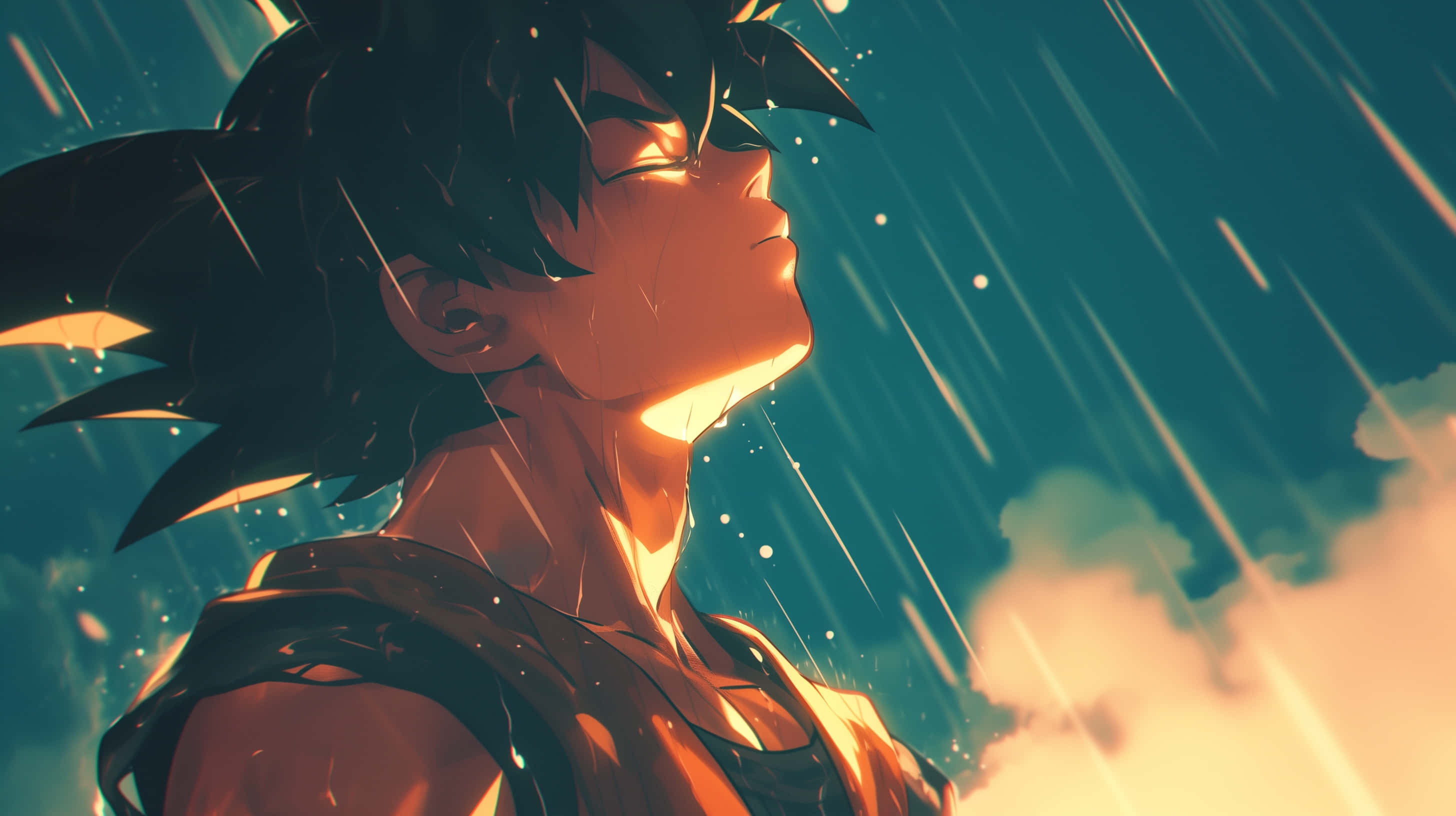 anime character, spiky black hair, rain, 2K Desktop Wallpaper