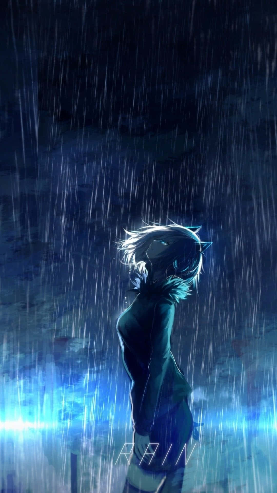 rain anime, anime character, pouring rain, Full HD Phone Wallpaper