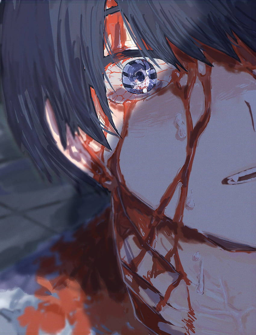 melancholic anime character, dark hair, cracked blue eye, SD Phone Wallpaper