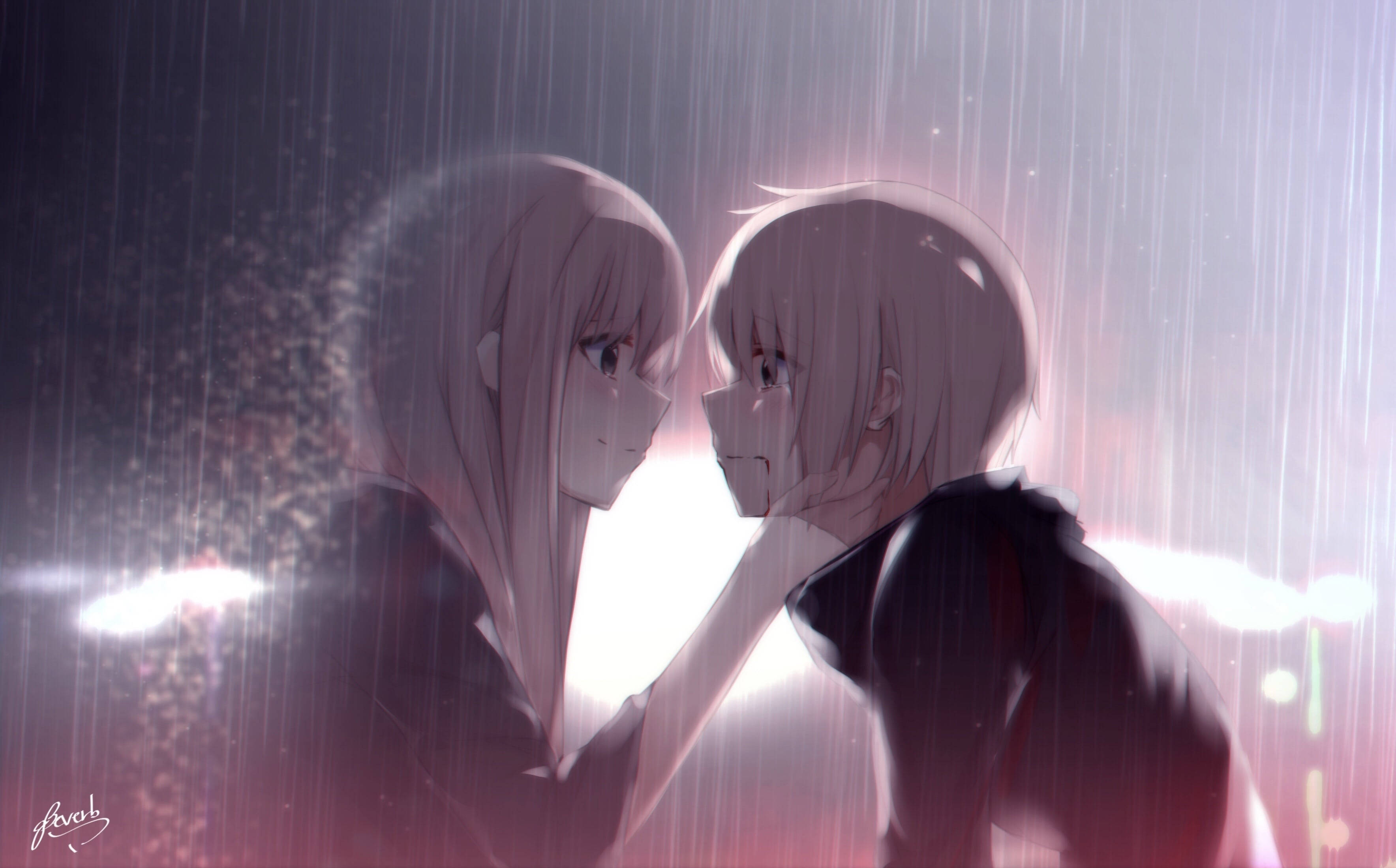 Rain Couple Anime, anime girls, rainy night scene, 2K Desktop Wallpaper