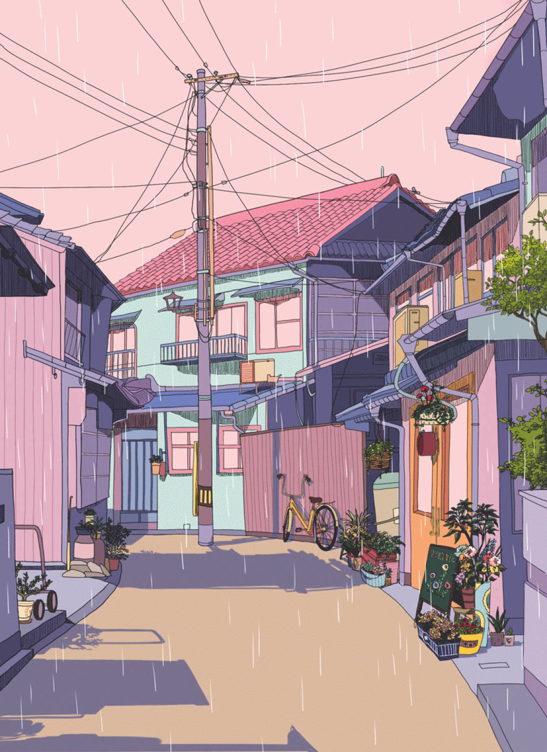 Rainy Japanese Aesthetic City Art, pastel-colored houses, potted plants, HD Phone Wallpaper