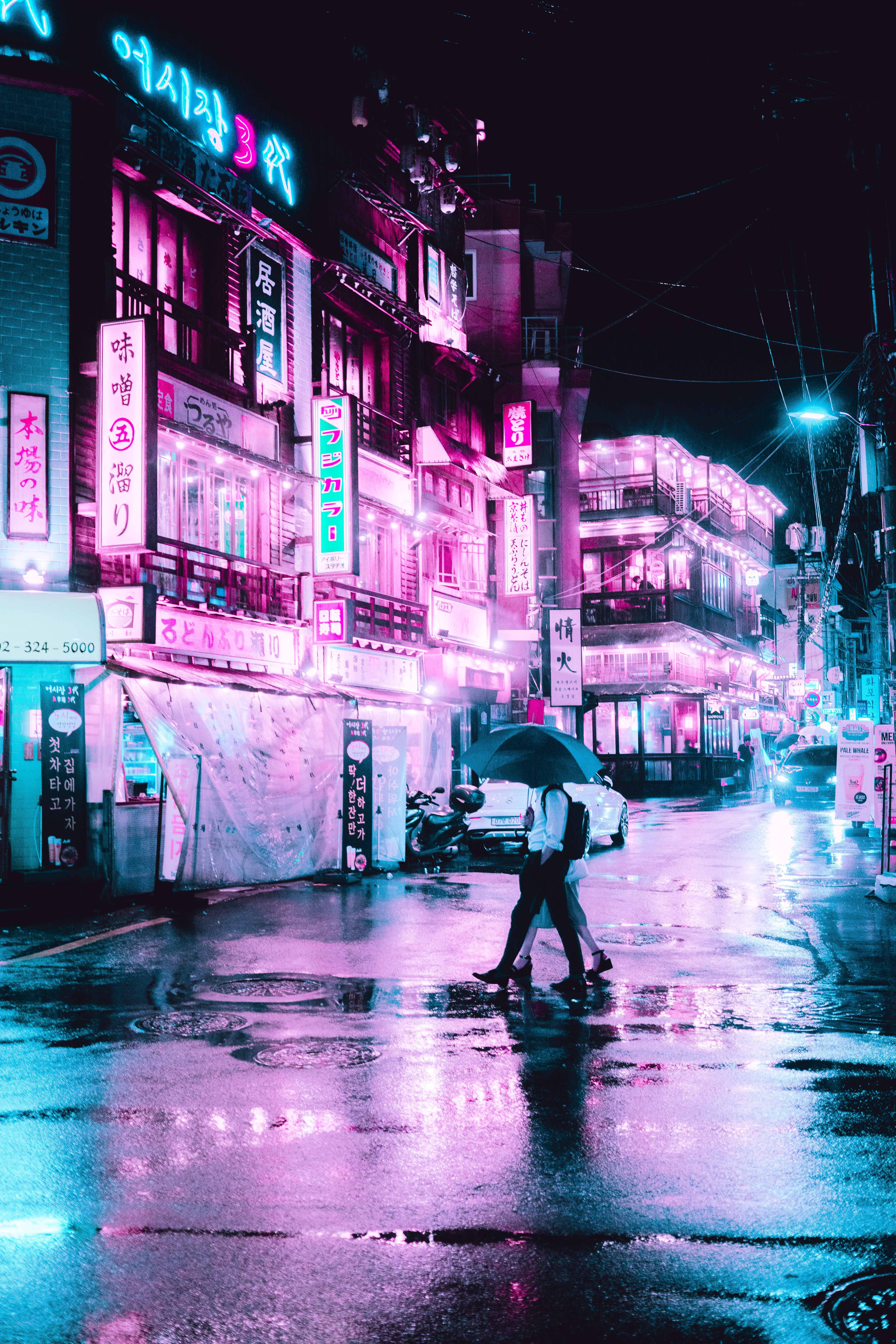 Rain Couple, neon-drenched, rain-soaked city street, 5K Phone Wallpaper