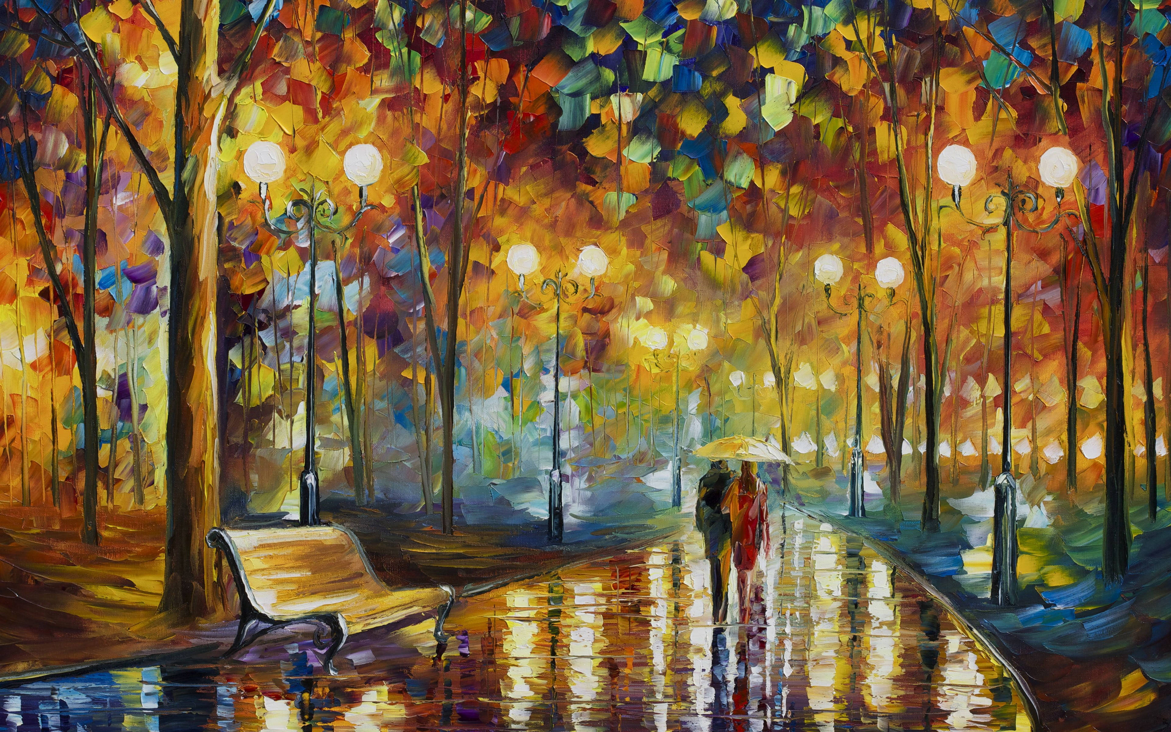Rain Couple, umbrella, rain-slicked park path, 4K Desktop Wallpaper