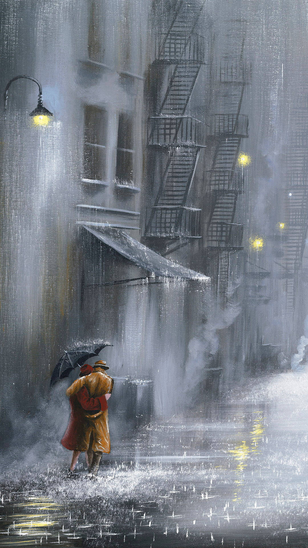 Rain Couple, red coat, umbrella, Full HD Phone Wallpaper