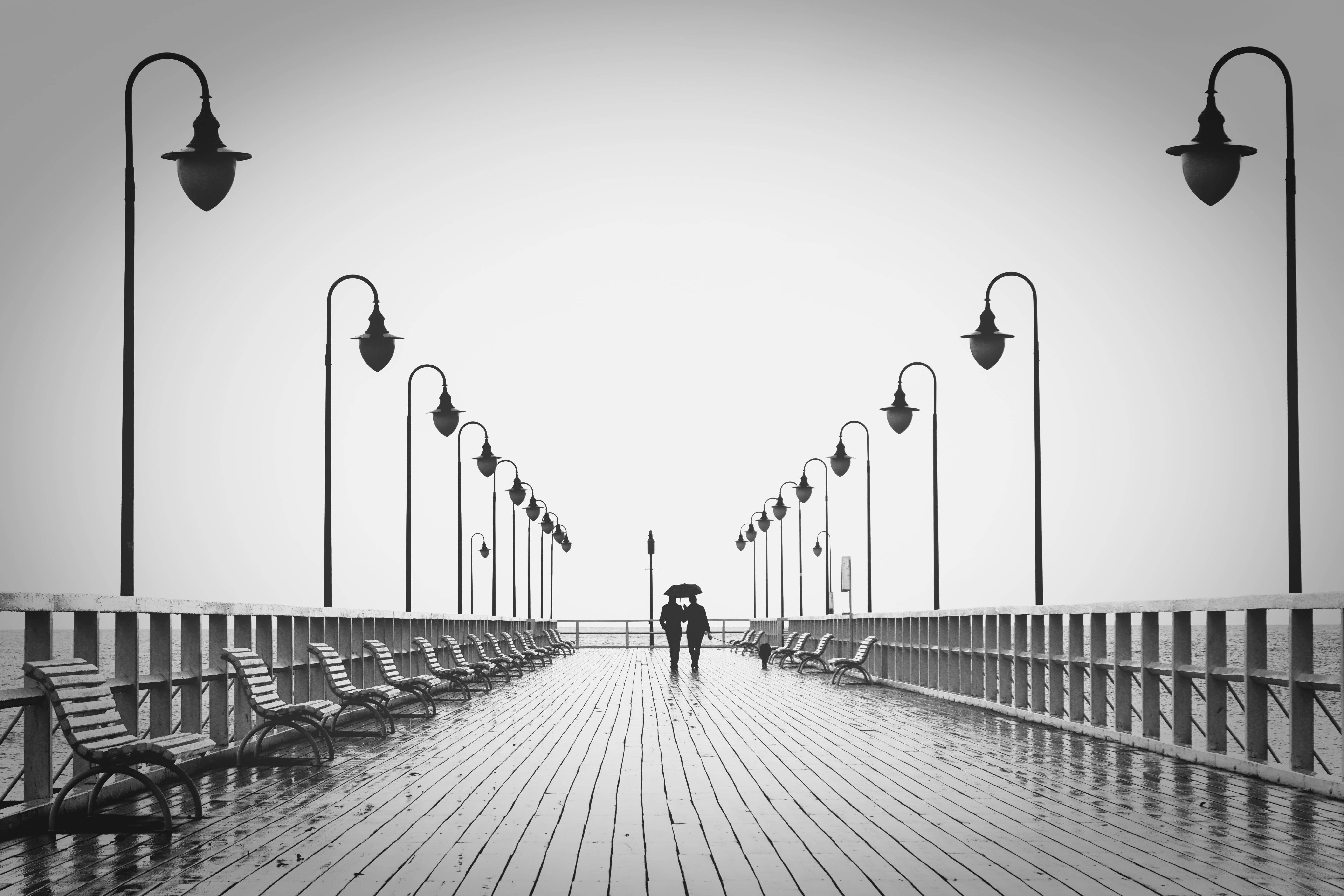 Rain Couple, monochrome, wet pier, 5K Desktop Wallpaper