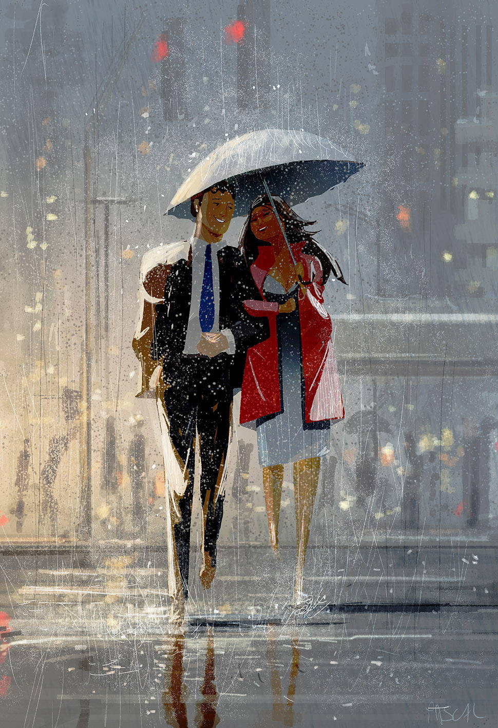 Happy Rain Couple, white umbrella, heavy rain, HD Phone Wallpaper