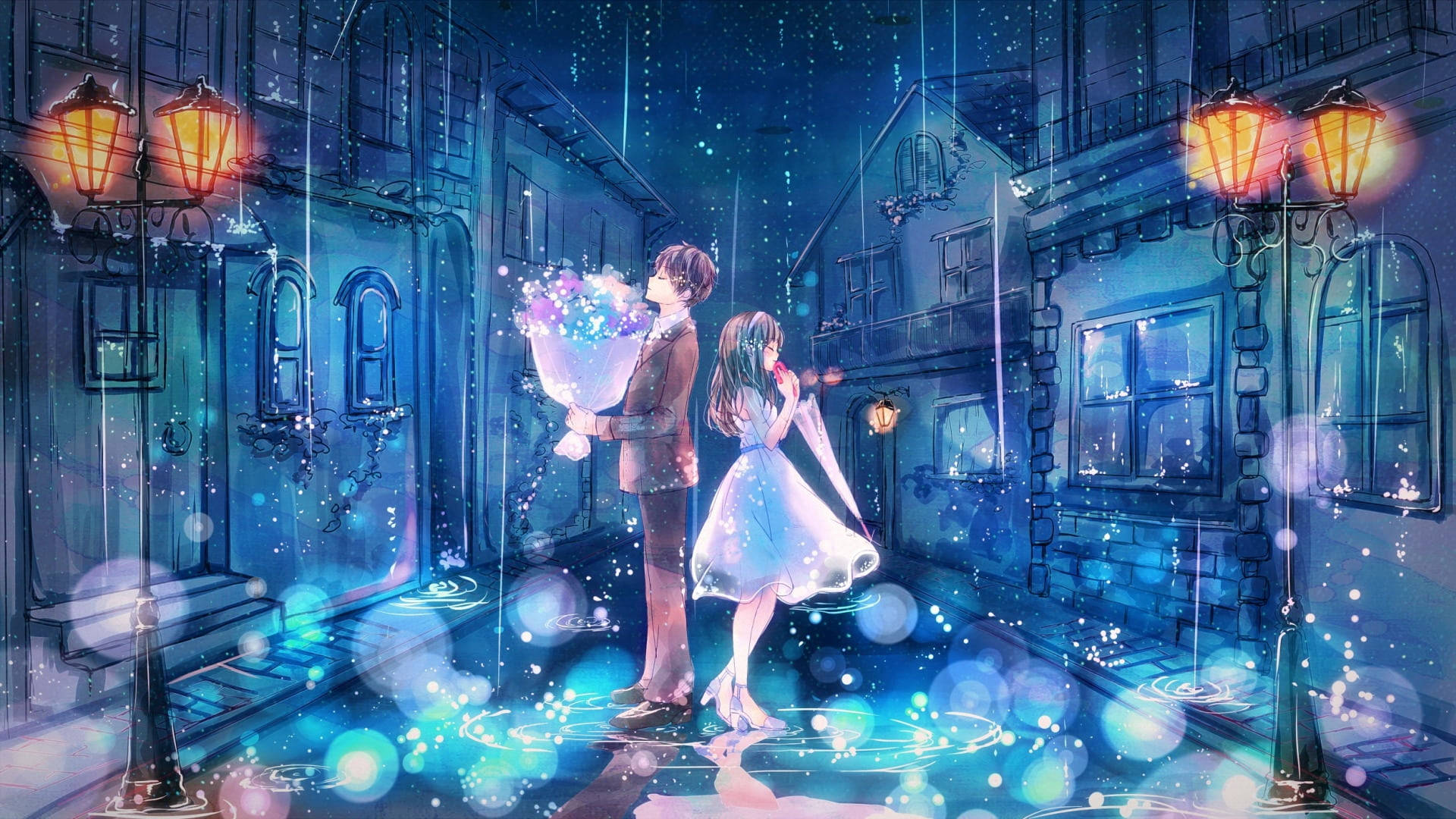 Anime Rain Couple, glowing streetlamps, magical blue-hued rainy alleyway, Full HD Desktop Wallpaper