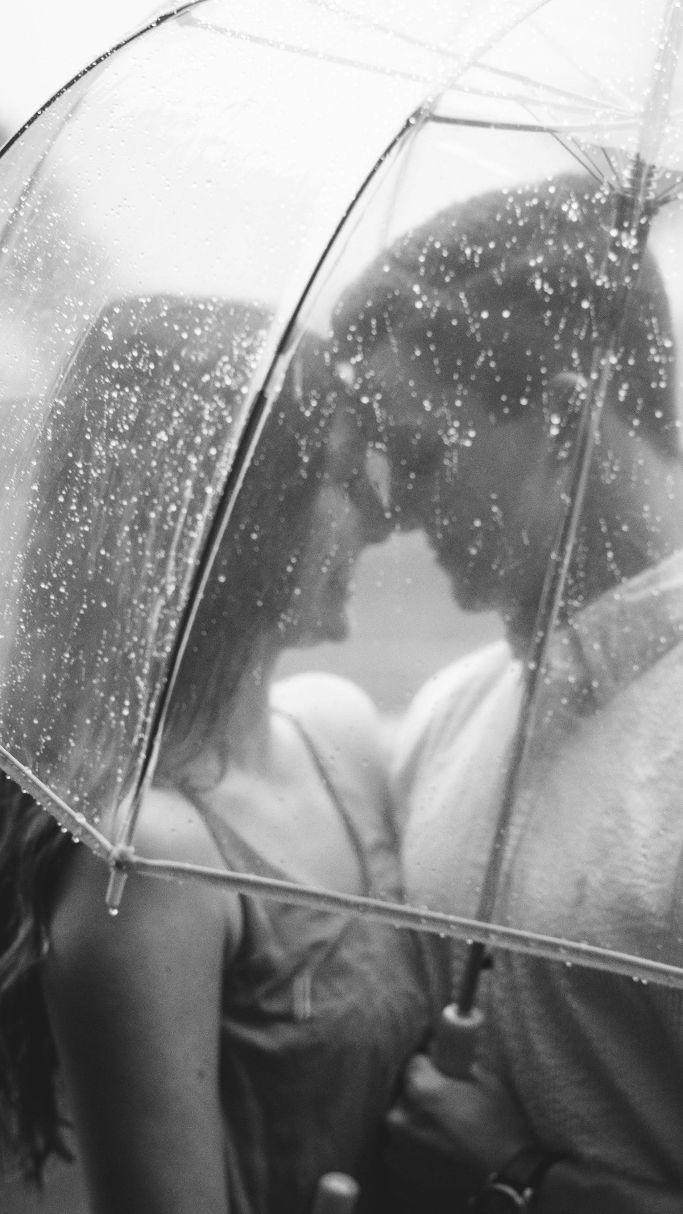 Rain Couple, clear umbrella, black and white photo, 4K Phone Wallpaper