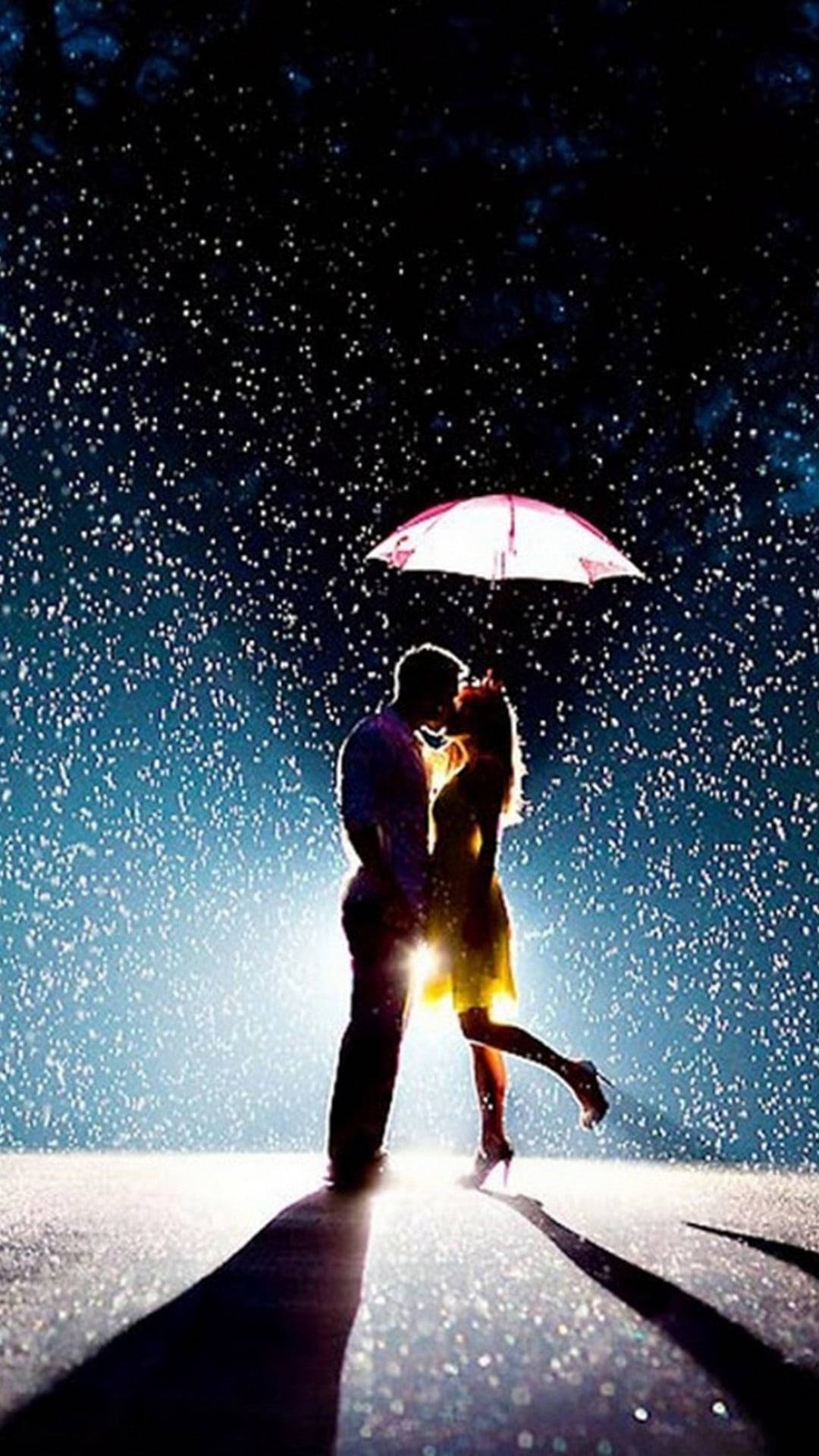 Rain Couple, glowing pink umbrella, rain, Full HD Phone Wallpaper