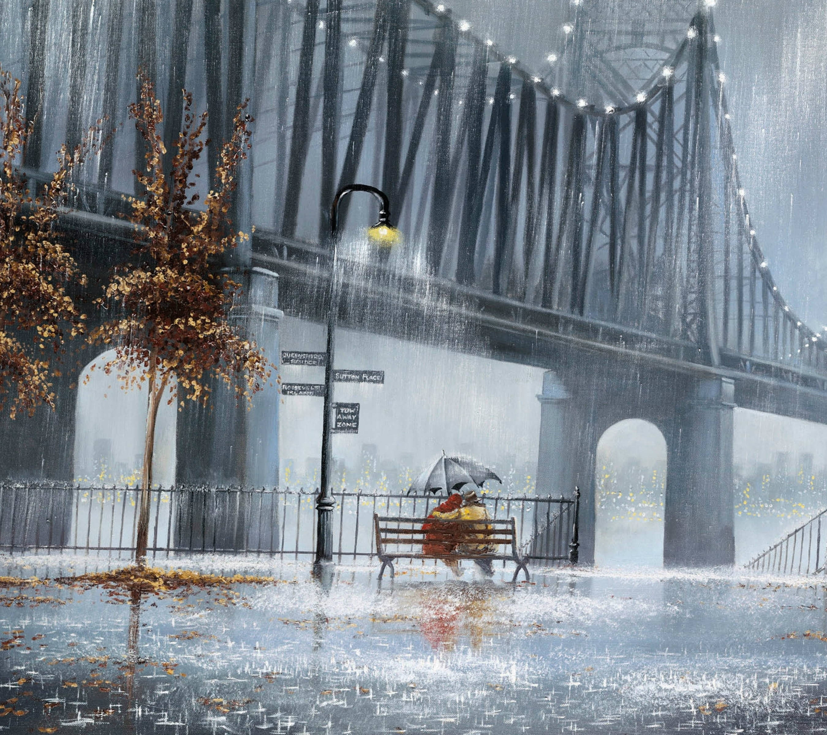 Rain Couple, bridge, rain-slicked bench, 2K Desktop Wallpaper