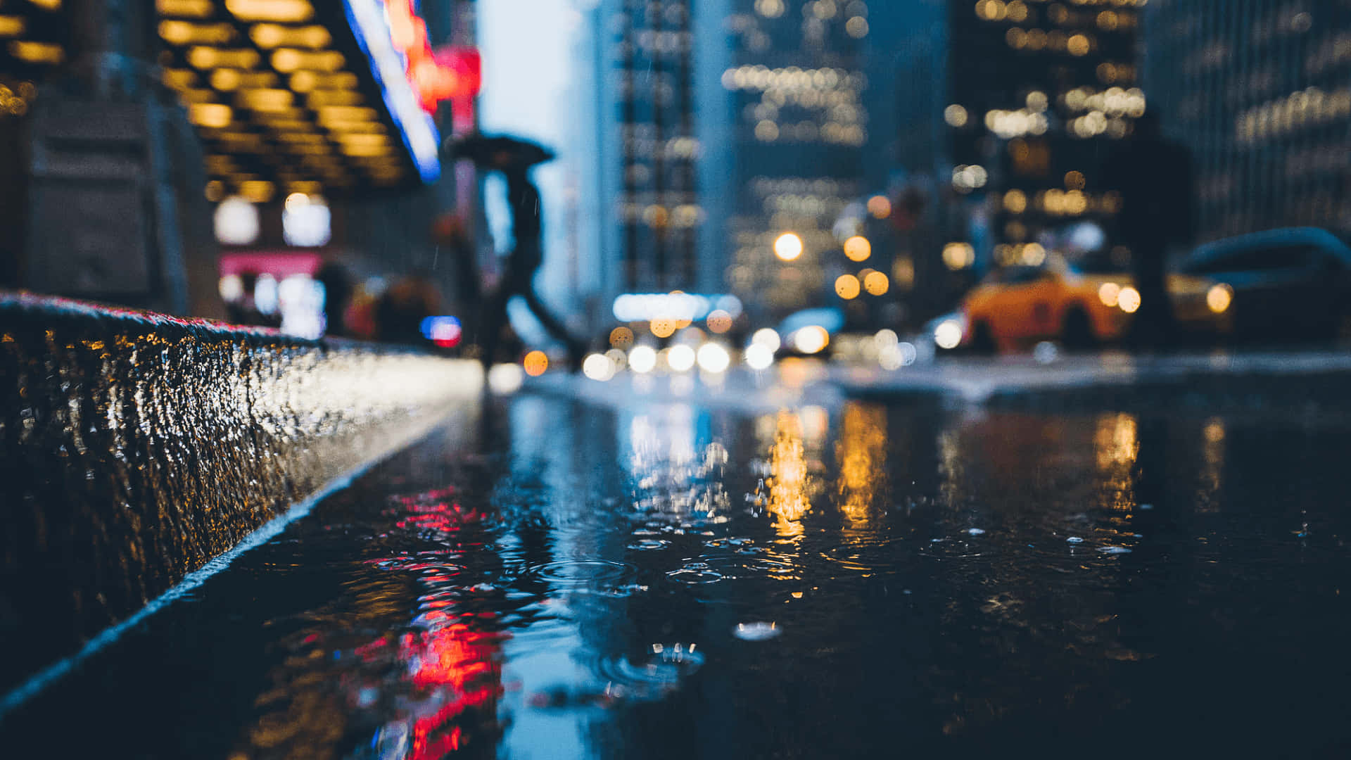 Rain Desktop, neon lights, wet city street, Full HD Desktop Wallpaper