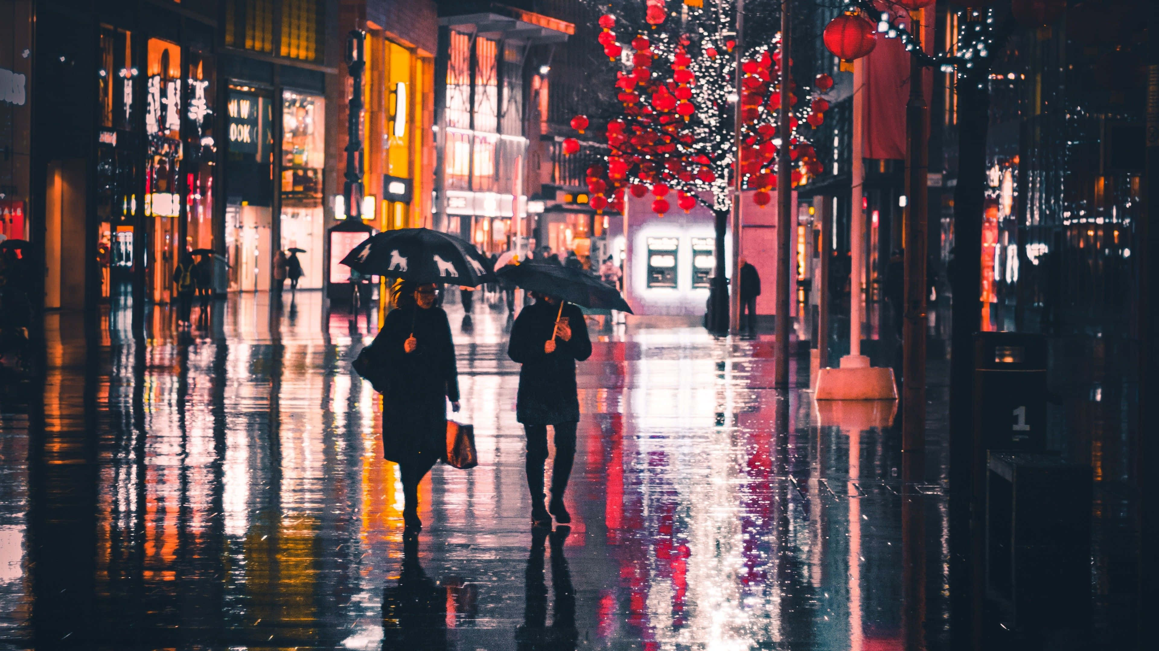 Rain Desktop, neon lights, red lanterns, 4K Desktop Wallpaper