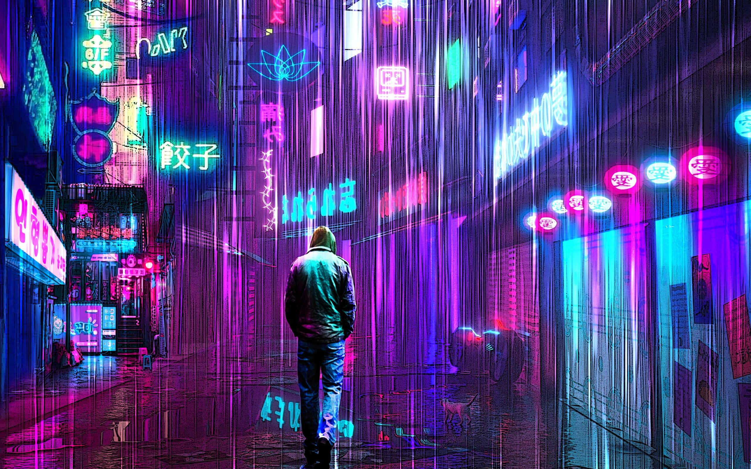 rain-slicked neon alley, vibrant pink purple and blue signs, wet pavement, 2K Desktop Wallpaper