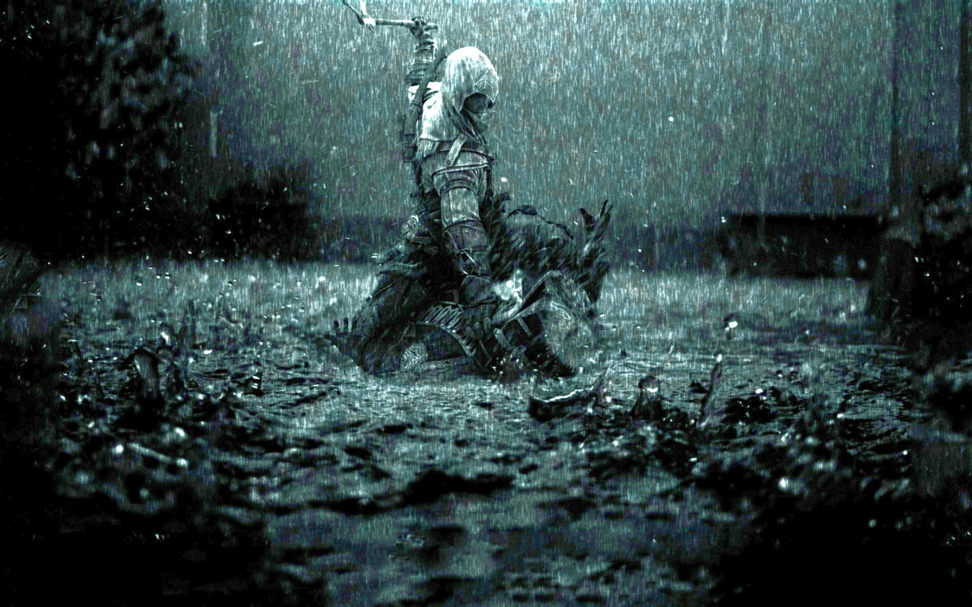 Rain Desktop, hooded assassin, rain-slicked water, Full HD Desktop Wallpaper
