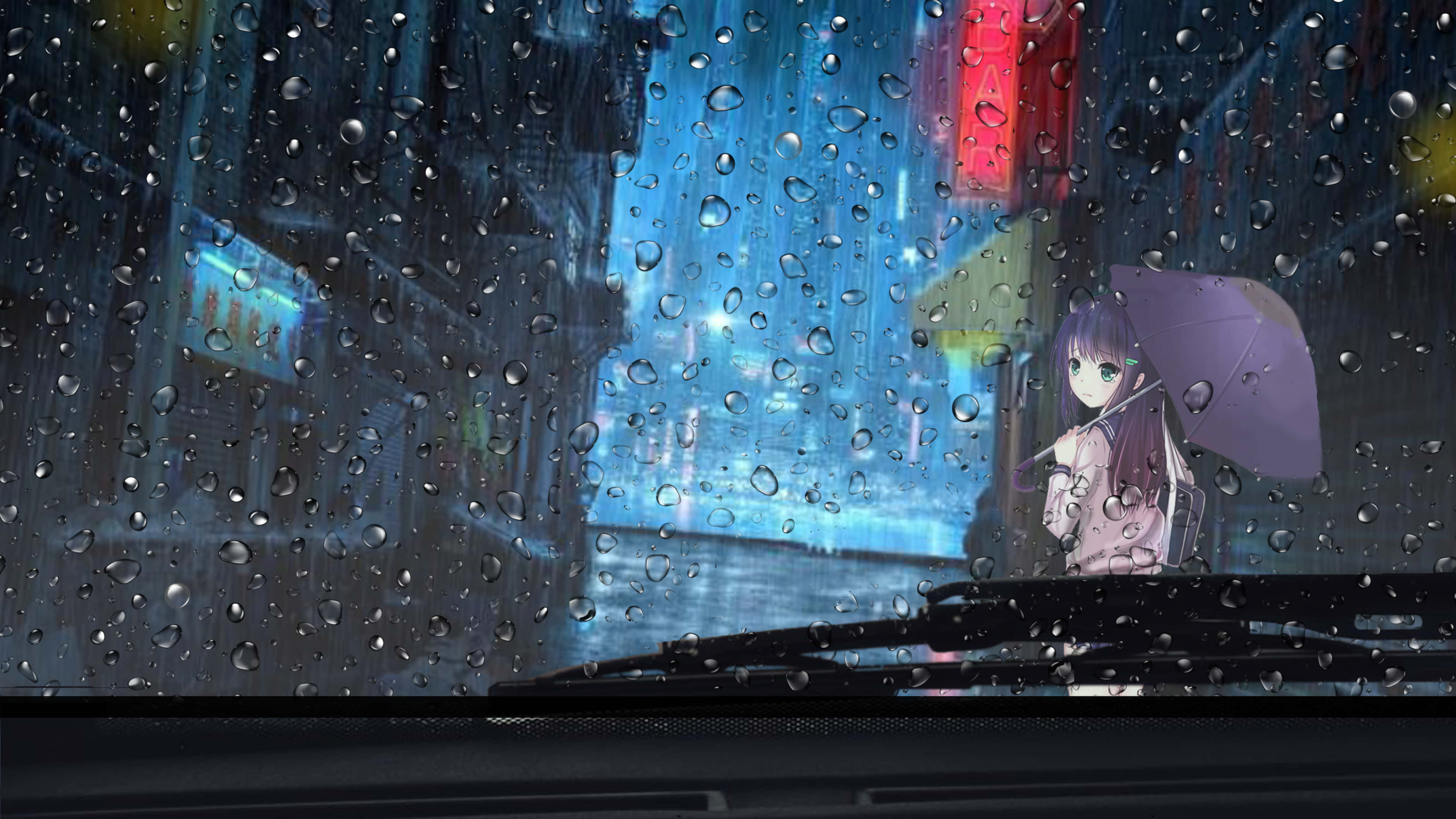 Rain Desktop, rainy night cityscape, car windshield, 4K Desktop Wallpaper